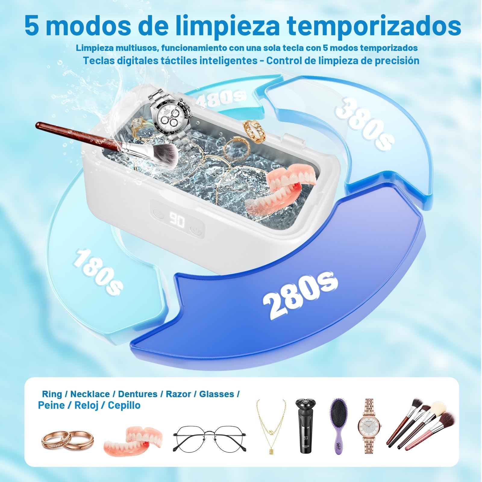 Limpiador Ultrasónico de 800ml 49KHz – Limpieza Eficaz y Silenciosa 360° para Dentaduras, Retenedores, Alineadores y Artículos del Hogar como Gafas, Joyas y Relojes