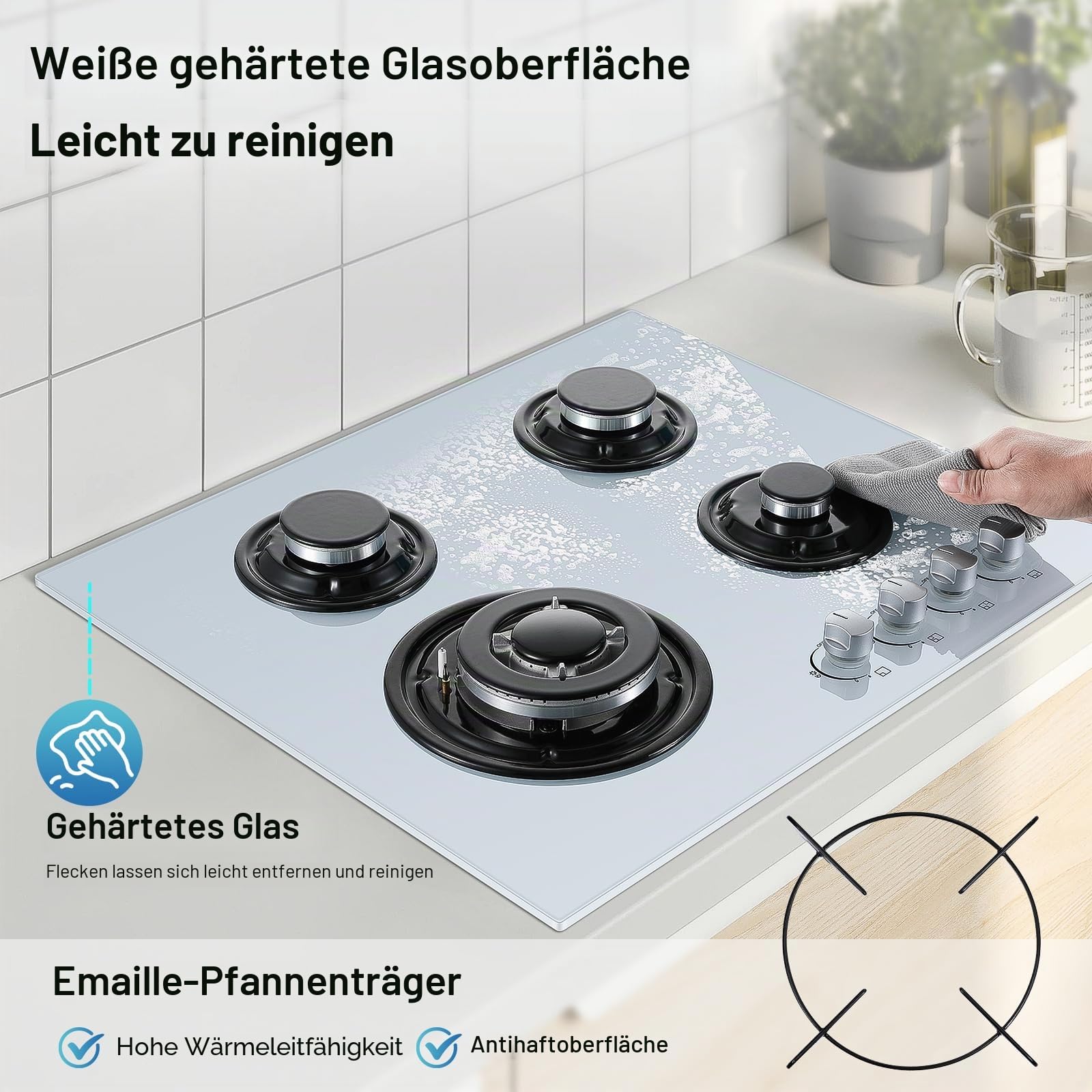TopStrong Gaskochfeld mit 4 Brennern, Einbau-Glaskochfeld 60 cm, Natur-/Propangasherd, weißes Glas, Flame-Out-Schutz, emaillierte Grills, 8060W