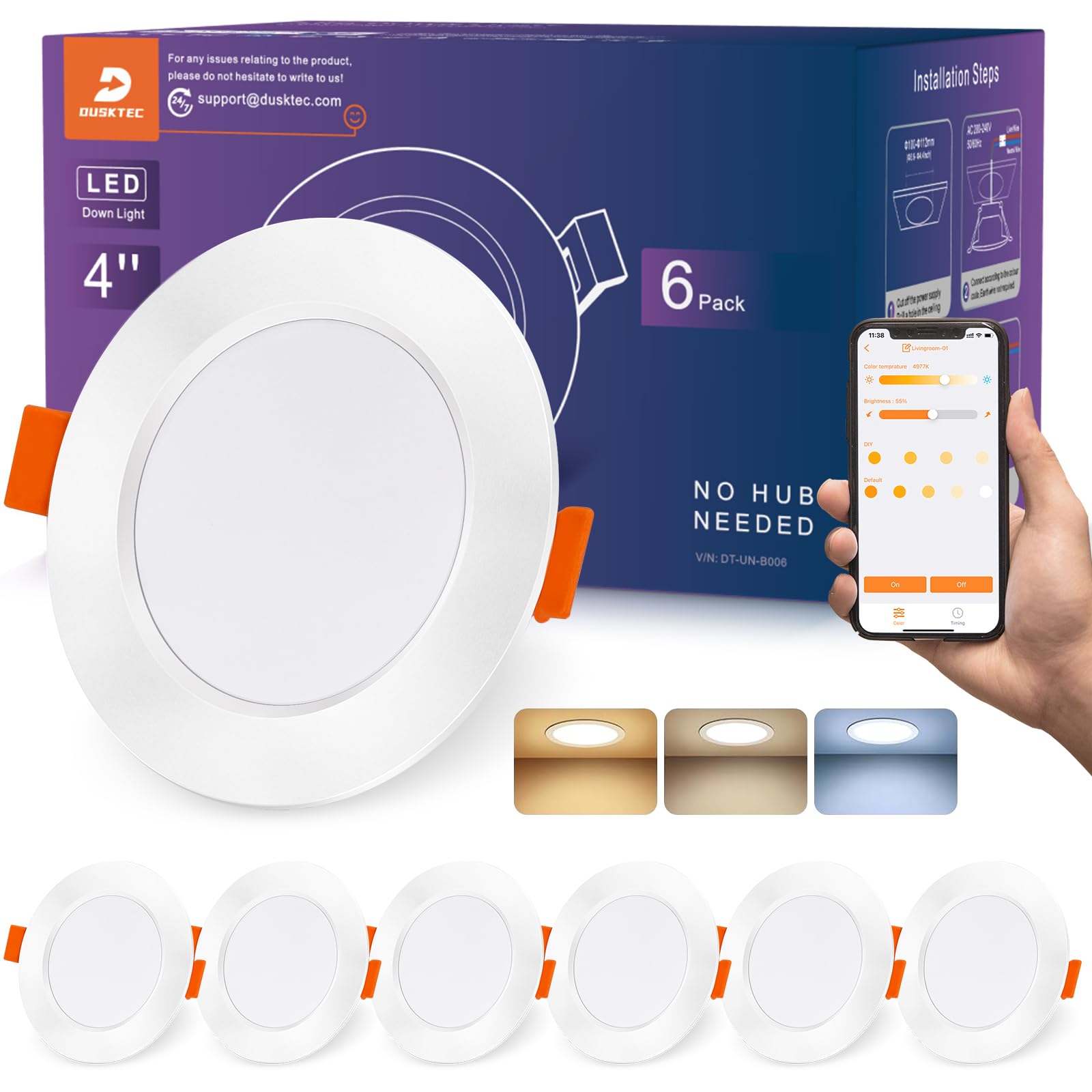 DUSKTEC Spot Led Encastrable Connectée Alexa, 220V Spot LED Extra Plat Intensité Variable Blanc Réglable 2700K-6000K 10W, Spot Encastré Dimmable Bluetooth, Éclairage Encastré Salle de Bain, Lot de 6