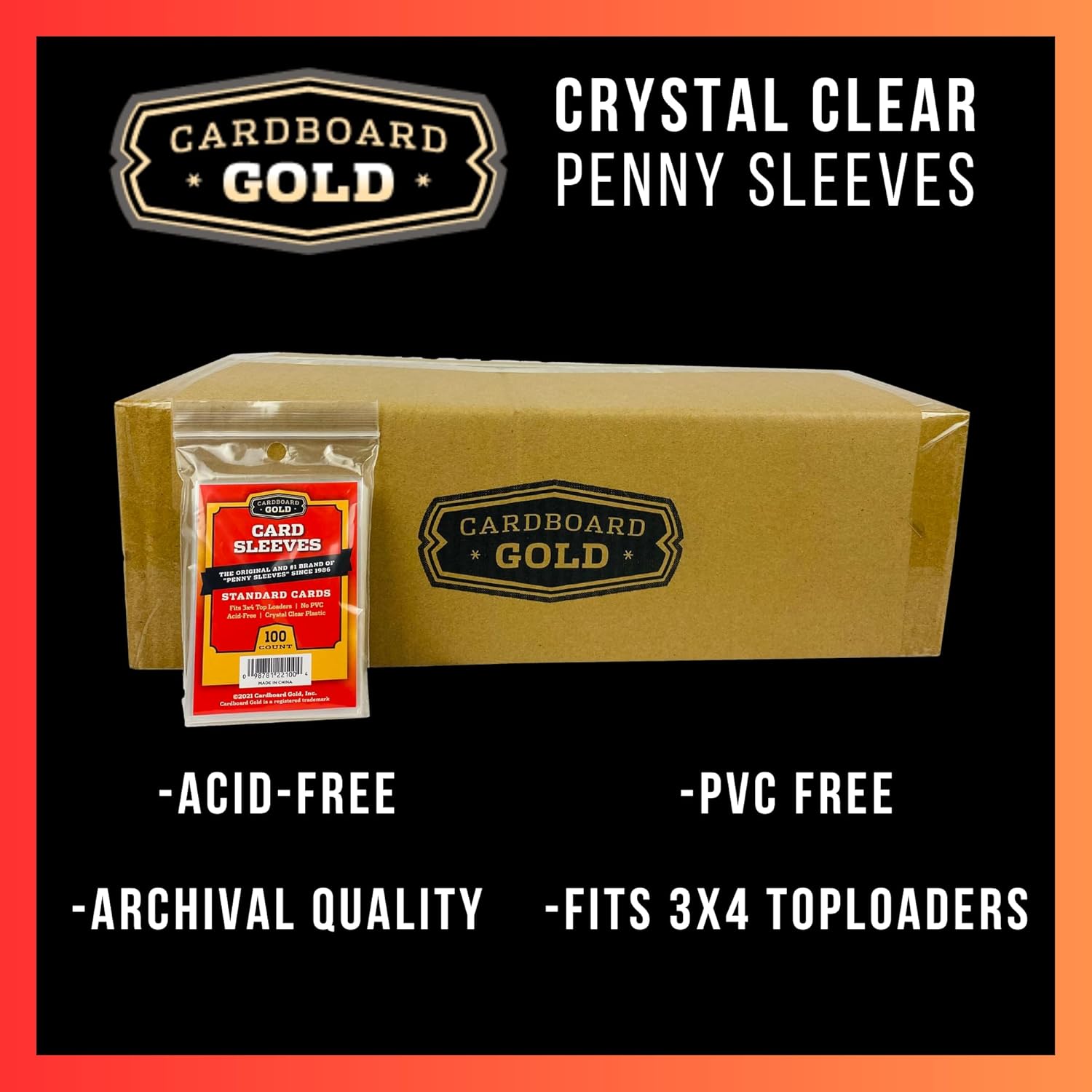 Cardboard Gold Penny Sleeves for Trading Cards - 1000 Count Card Protector Sleeves with Durable, Crystal-Clear Plastic for Baseball, Sports, Collector, Standard-Sized Cards 2-5/8” x 3-5/8” (67x94mm)