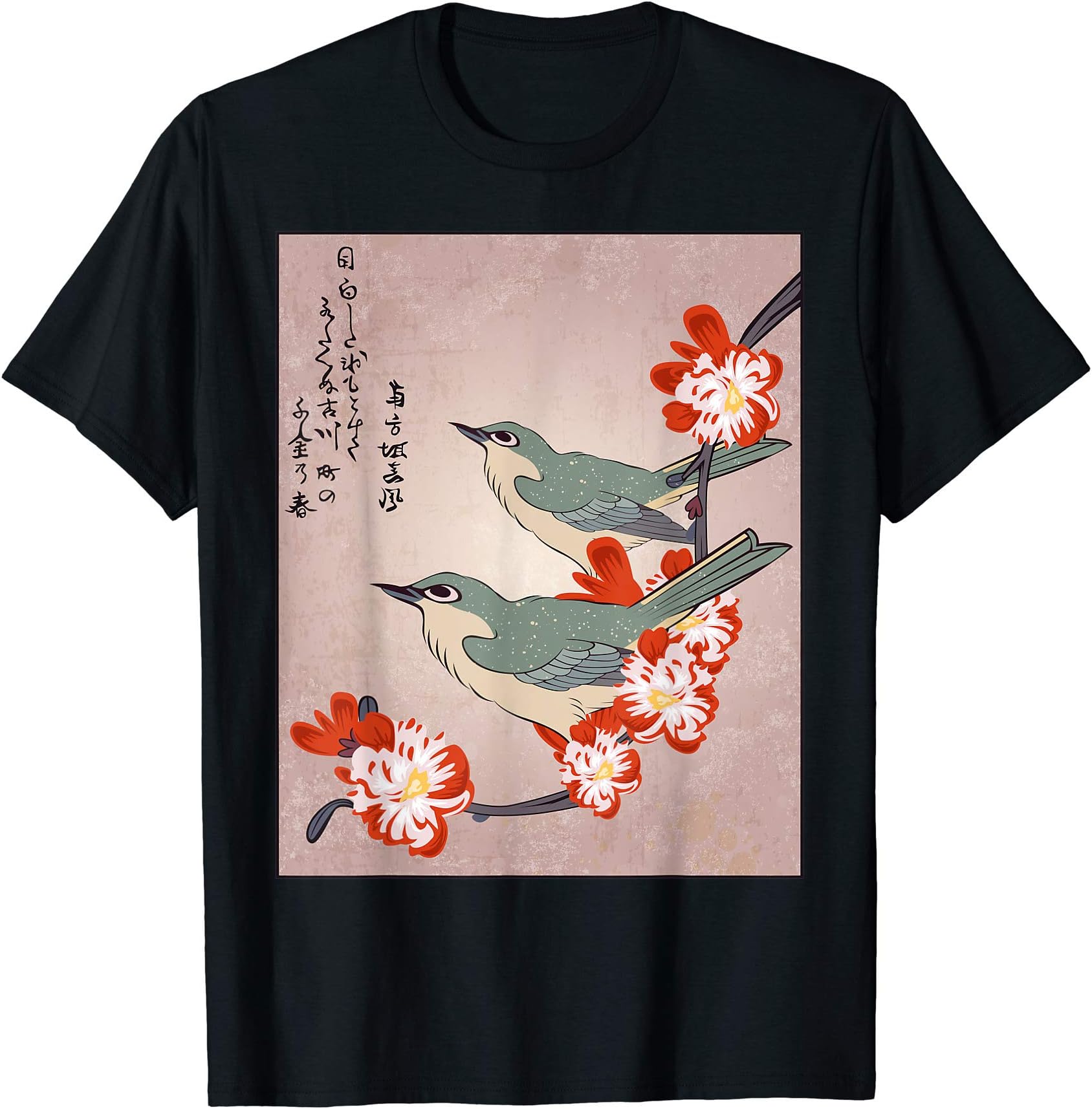 Japanese Art Birds Japan Blossom Tree T-shirtsJapanese Art Birds On Peach Tree Blossom Japanese Woodblock T-Shirt