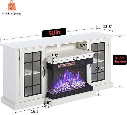 Miniatura 4 de LUXOAK Soporte de TV con chimenea eléctrica de vidrio de 3 lados, centro de entretenimiento multimedia de 59 pulgadas con gabinete de almacenamiento