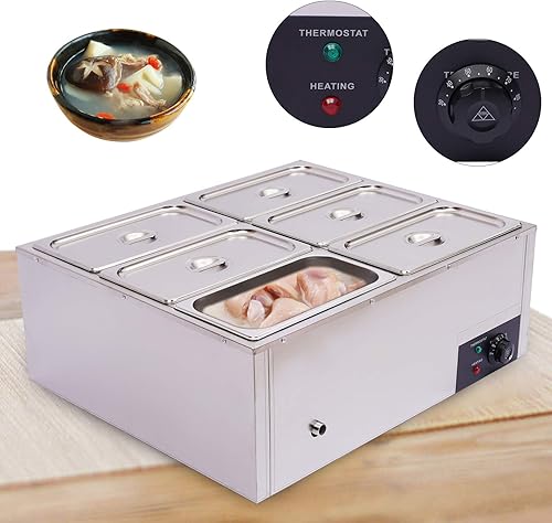 Miniatura 15 de Calentador de alimentos comercial de 6 bandejas con tapas, mesa de vapor eléctrica para calentar alimentos, 600 W, servidores y calentadores 6