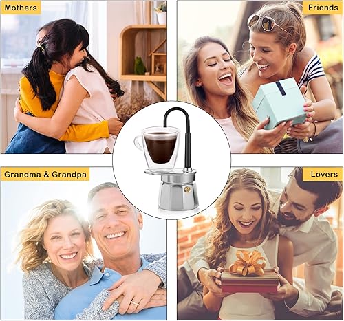 Miniatura 6 de -Mini Express Swiss Single Tube Moka Pot Aluminio Plata, el juego Moka incluye una taza de doble pared de 3 onzas, disfruta de un delicioso café en
