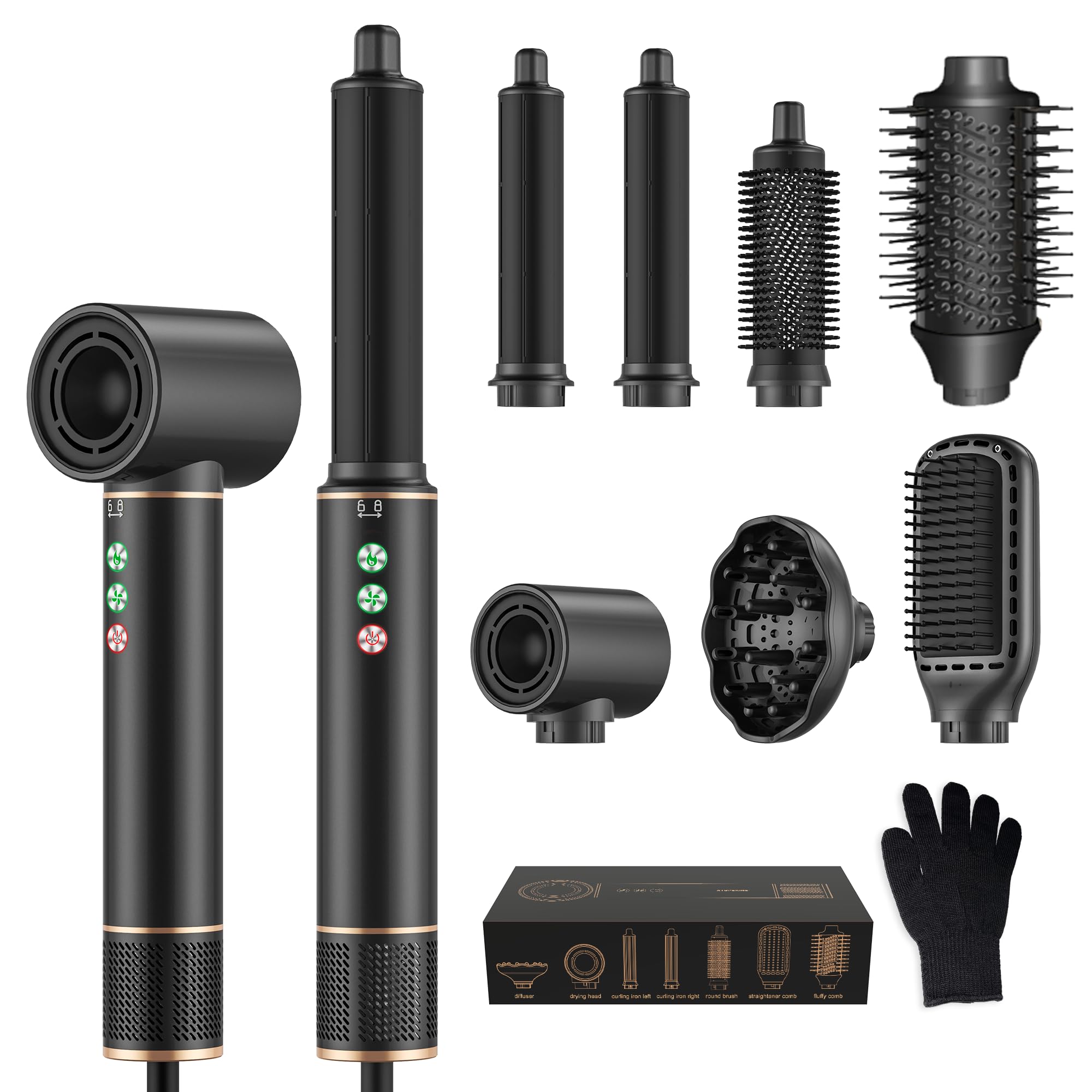 MogaWave Air Styler 7 en 1 Hair styler set avec 110000 TR/MIN Seche Cheveux 20m/s, Brosse Soufflante, Brosse Chauffante, Air Fer A Boucler, Airbrush 7 en 1 pour Sécher, Boucler, Donner du Volume