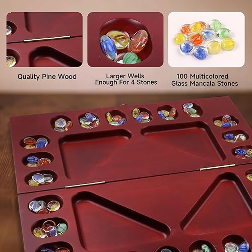 Miniatura 4 de GSE Games & Sports Expert Juego de mesa Mancala para 4 jugadores con piedras de vidrio multicolor, plegable de madera de 4 vías Mancala juego de