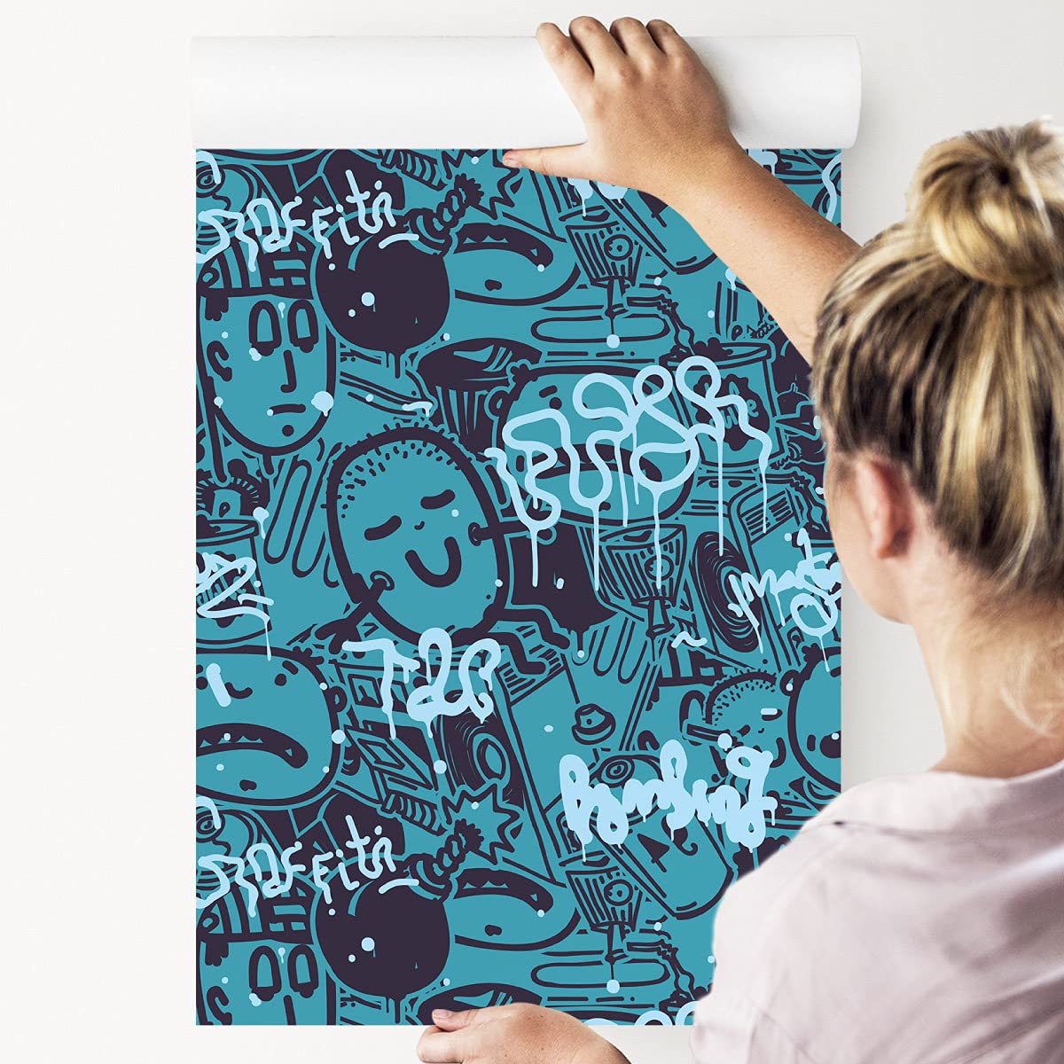 Muralo Carta da Parati Adesiva Graffiti, Musica, Retro - 10m x 50 cm | Rivestimento murale autoadesivo in rotolo, posa a secco senza colla, staccare e attaccare, lavabile, per pareti e mobili