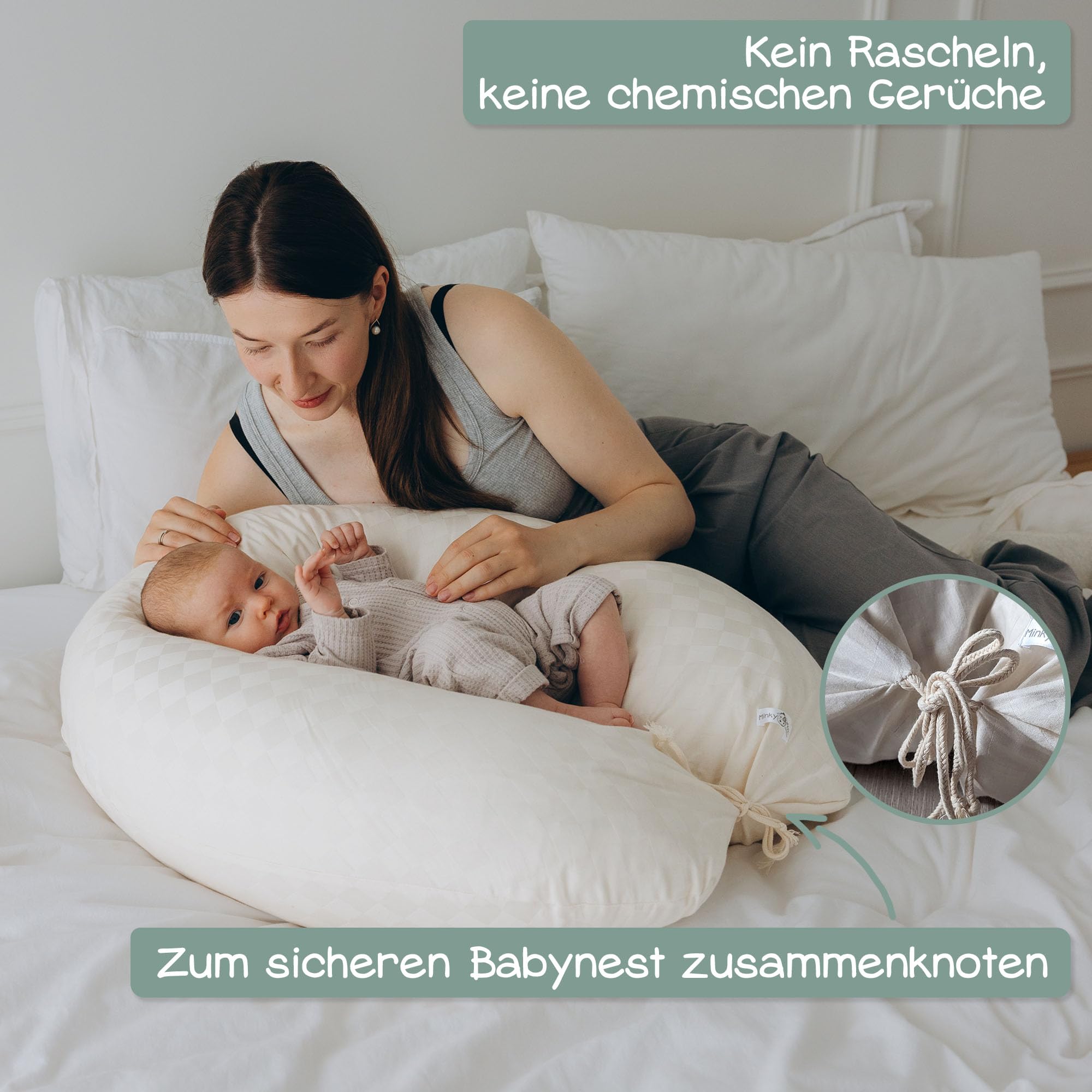 Stillkissen XXL Bio Baumwolle (Öko-Tex 100) mit Kapok Füllung (190x30cm) créme - Großes Baby-Kissen zum Schlafen, Stillen & Flasche geben, Schwangerschaftskissen & Seitenschläferkissen