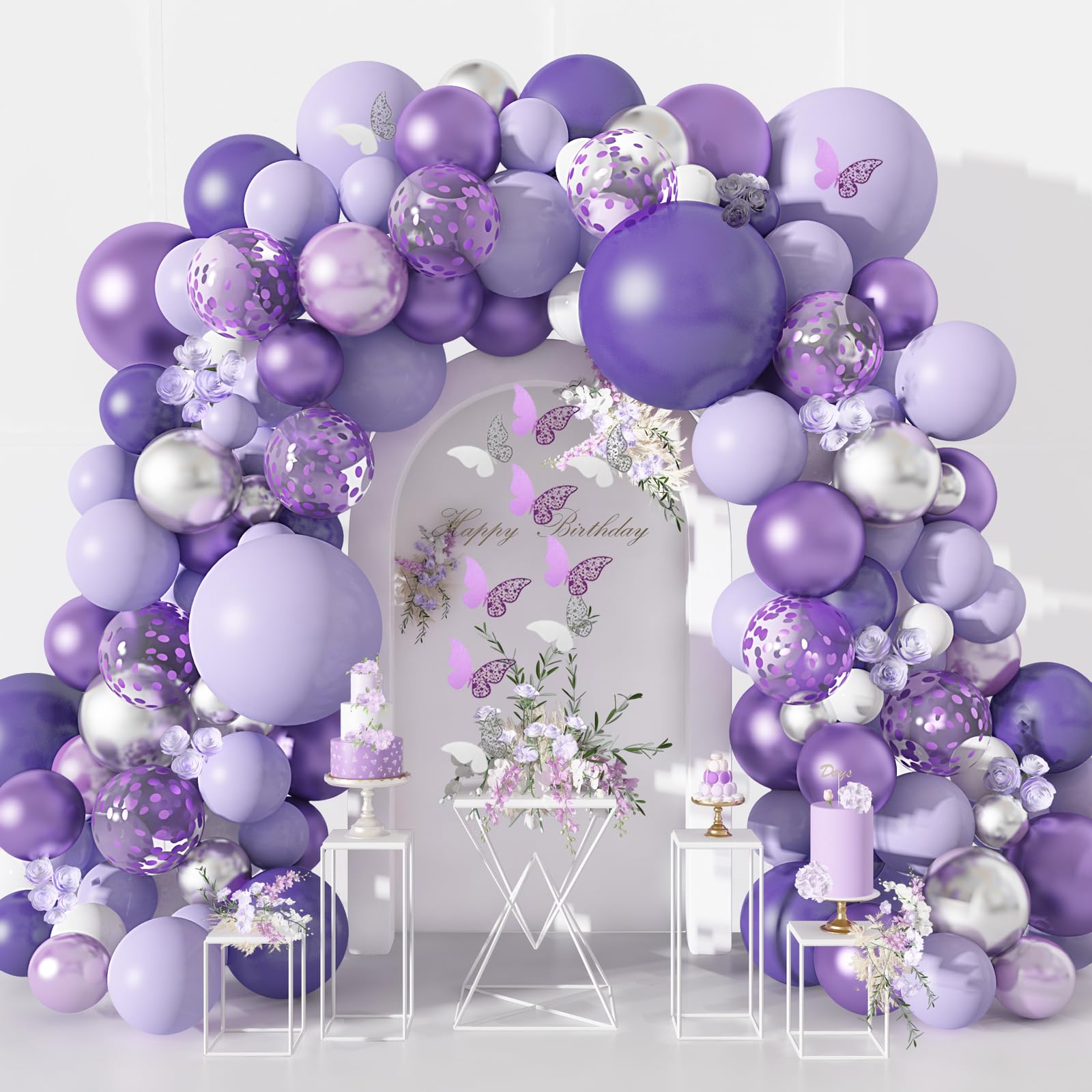 Amandir 144Pcs Purple Balloons Garland Arch Kit for Butterfly Baby Shower Decorations for Girl, 12Pcs Butterfly Stickers Lavender Purple Confetti Metallic Balloon for Birthday Wedding Party Decoration