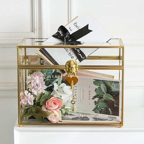 Miniatura 2 de Caja de cristal para tarjetas de boda con ranura, caja transparente de 10.2 pulgadas, caja de almacenamiento de tarjetas de regalo de latón dorado