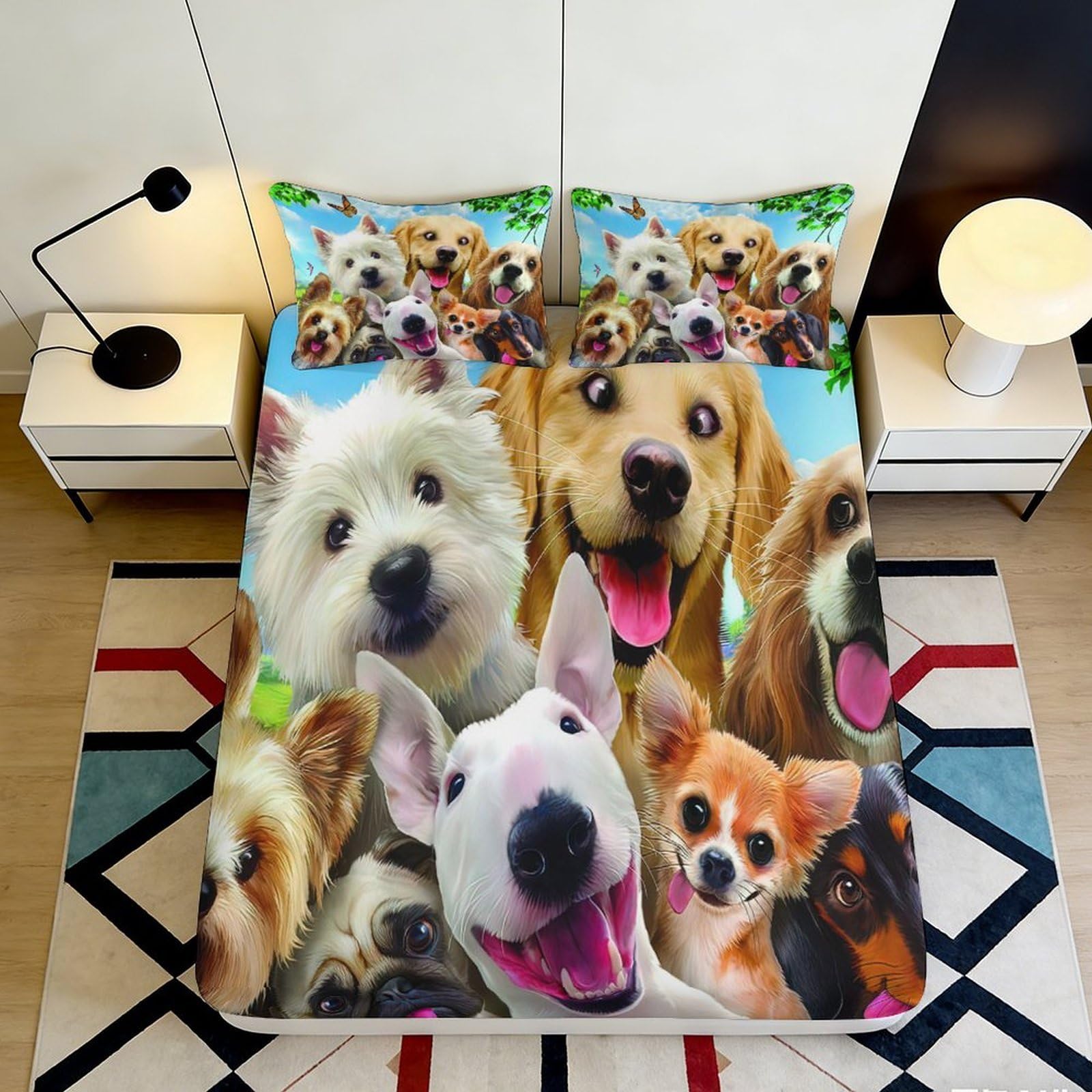 3D Printed Cute Dogs Fitted Sheet Microfiber Soft Breathable Cartoon Puppies Mattress Cover Bedroom Decor 90x200x25cm