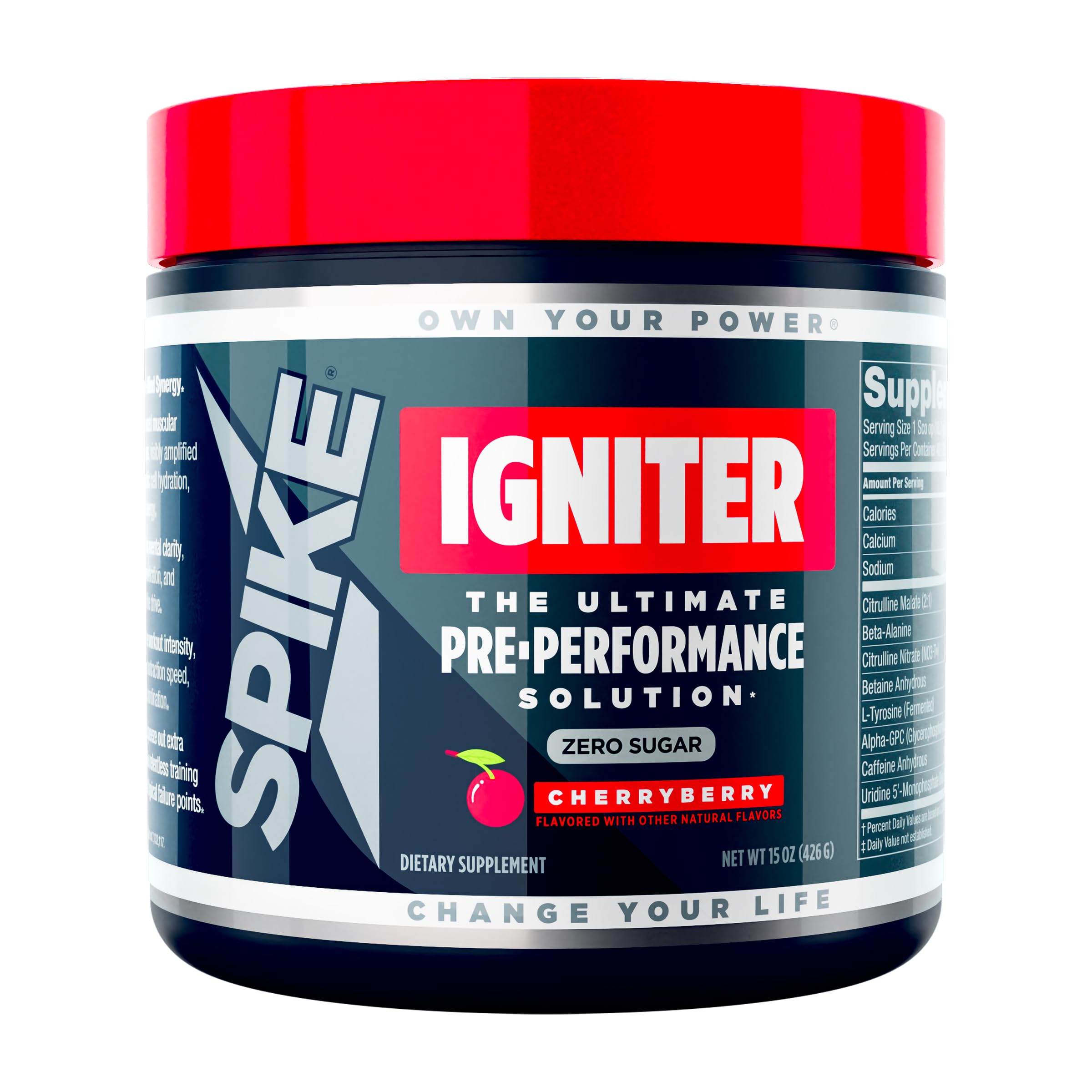 Spike Pré-treino com beta-alanina, betaína, tirosina e cafeína, sabor CherryBerry, 20 porções