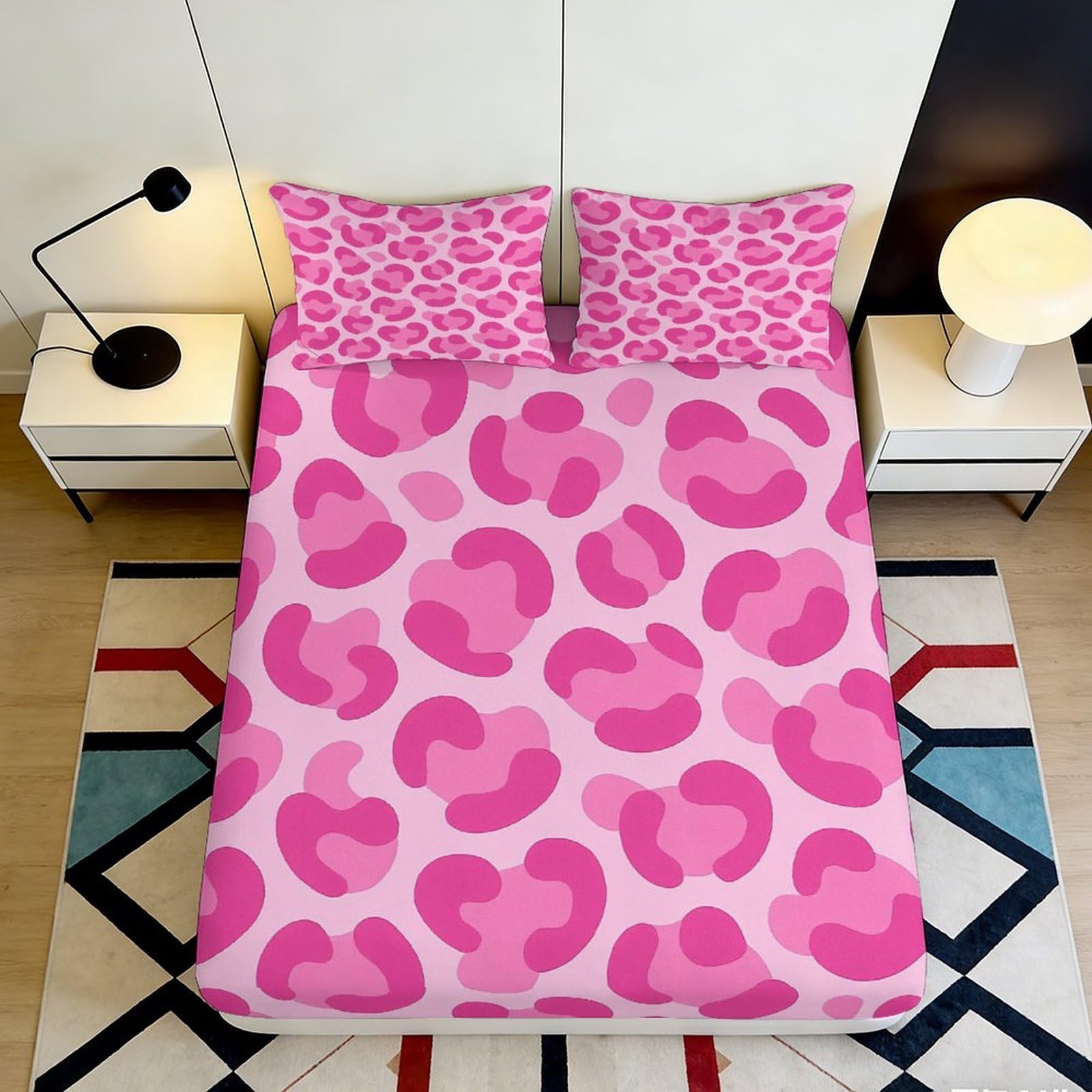 3D Printed Pink Leopard Fitted Sheet Microfiber Soft Breathable Abstract Spot Mattress Cover for Bedroom Guest Room Decor 90x200x25cm