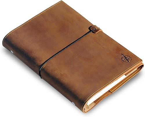 Wanderings Refillable A5 Leather Binder Journal - 6 Ring Binder Organizer with Pockets - Hand-Crafted Genuine Leather Folio - Filofax Compatible.