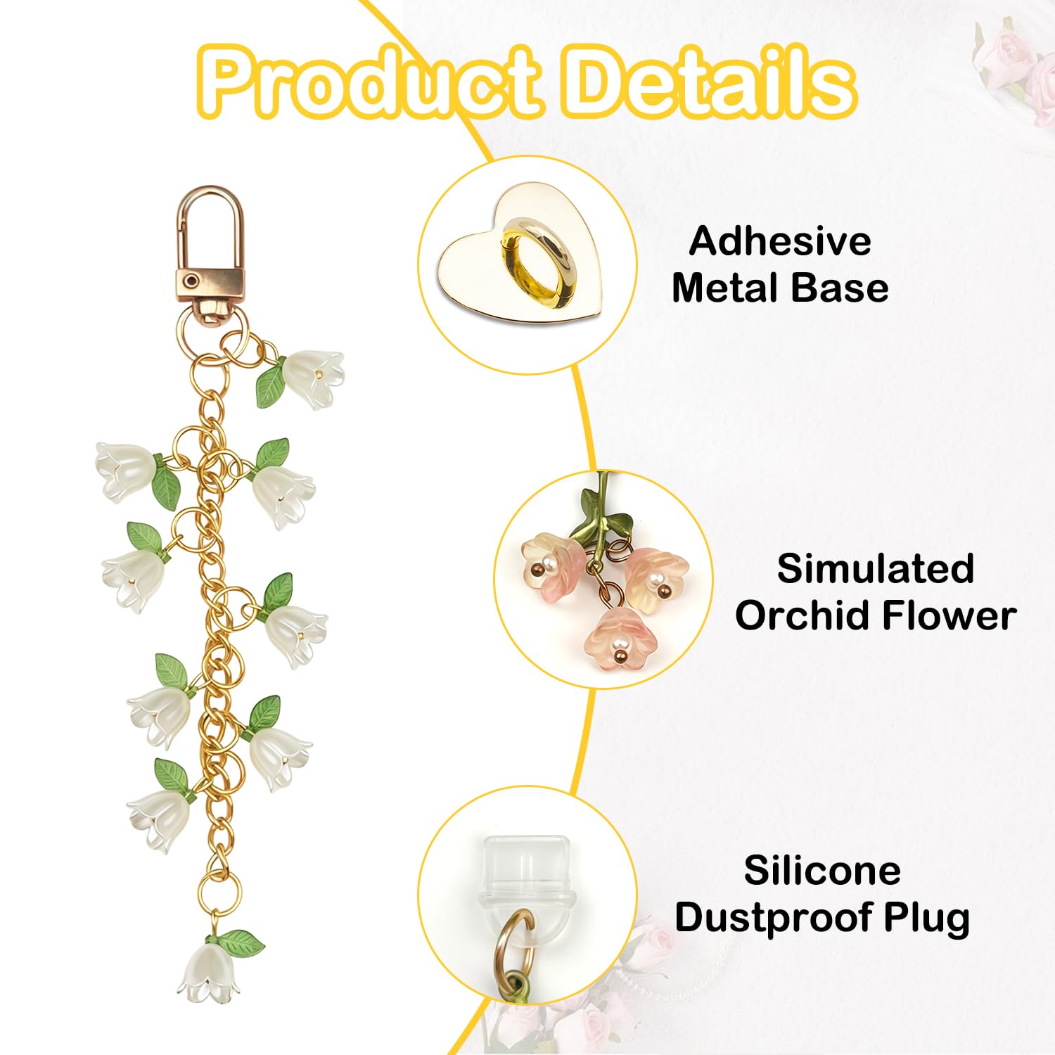 BATHRINS 5 PCS Kindle Charms Including Dust Plug Charm Type C/USB C, Cute Flower Chains Phone Charm with Heart Grip Holder, Compatible for Kindle Paperwhite/E-Reader/Phone - 5