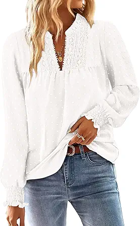BETTE BOUTIK Women Boho Long Sleeve Shirts Dressy Casual V Neck Fall Fashion Tops Swiss Dot Flowy Blouses