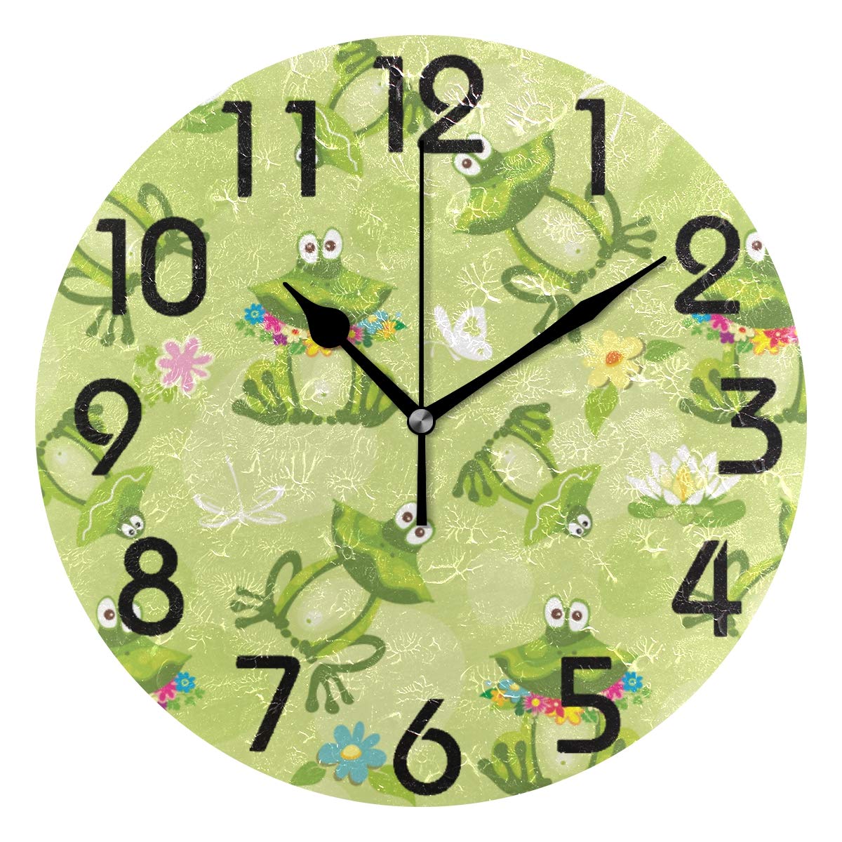 ZzWwR Cute Cartoon Frog Lotus Pond Pattern Round Wall Clock, 9.5 Inch Battery Operated Quartz Analog Quiet Desk Clock for Home,Office,School