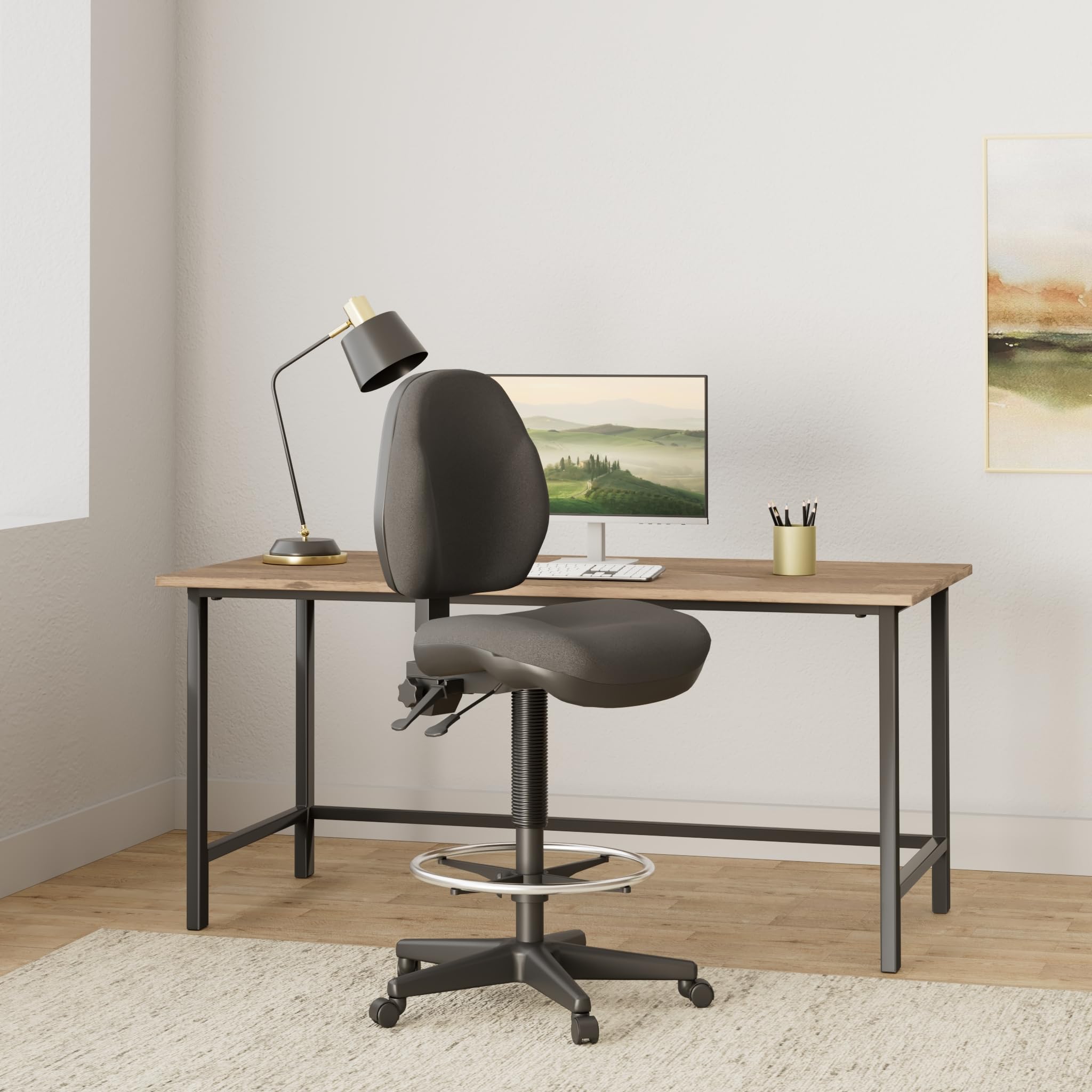 Office Star Silla de Dibujo neumática con Soporte Lumbar y reposapiés Cromado Ajustable, Color Negro