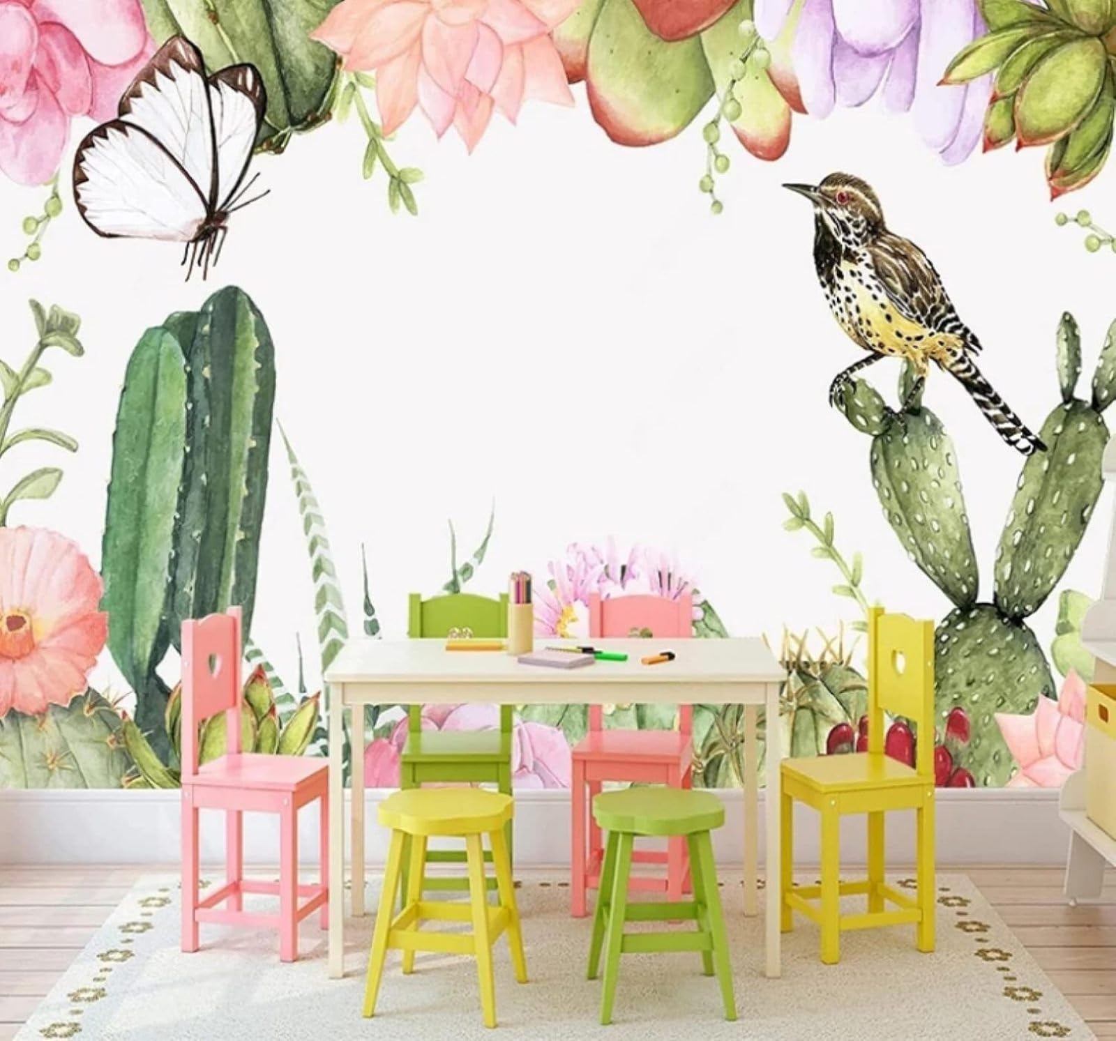 XLMING Fresh Minimalist Cactus Flowers and Birds Butterflies 3D Wallpaper Luxury Home Dining Decor Paste Sofa Living Room The Wall for Bedroom Mural-400cm×280cm
