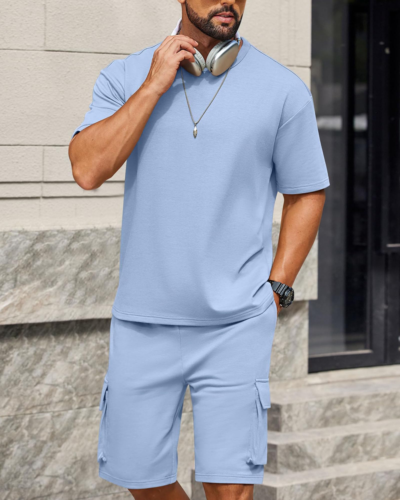Conjunto de Verano Hombre 2 Piezas Chándal Camiseta Manga Corta Pantalones Cortos Cargo
