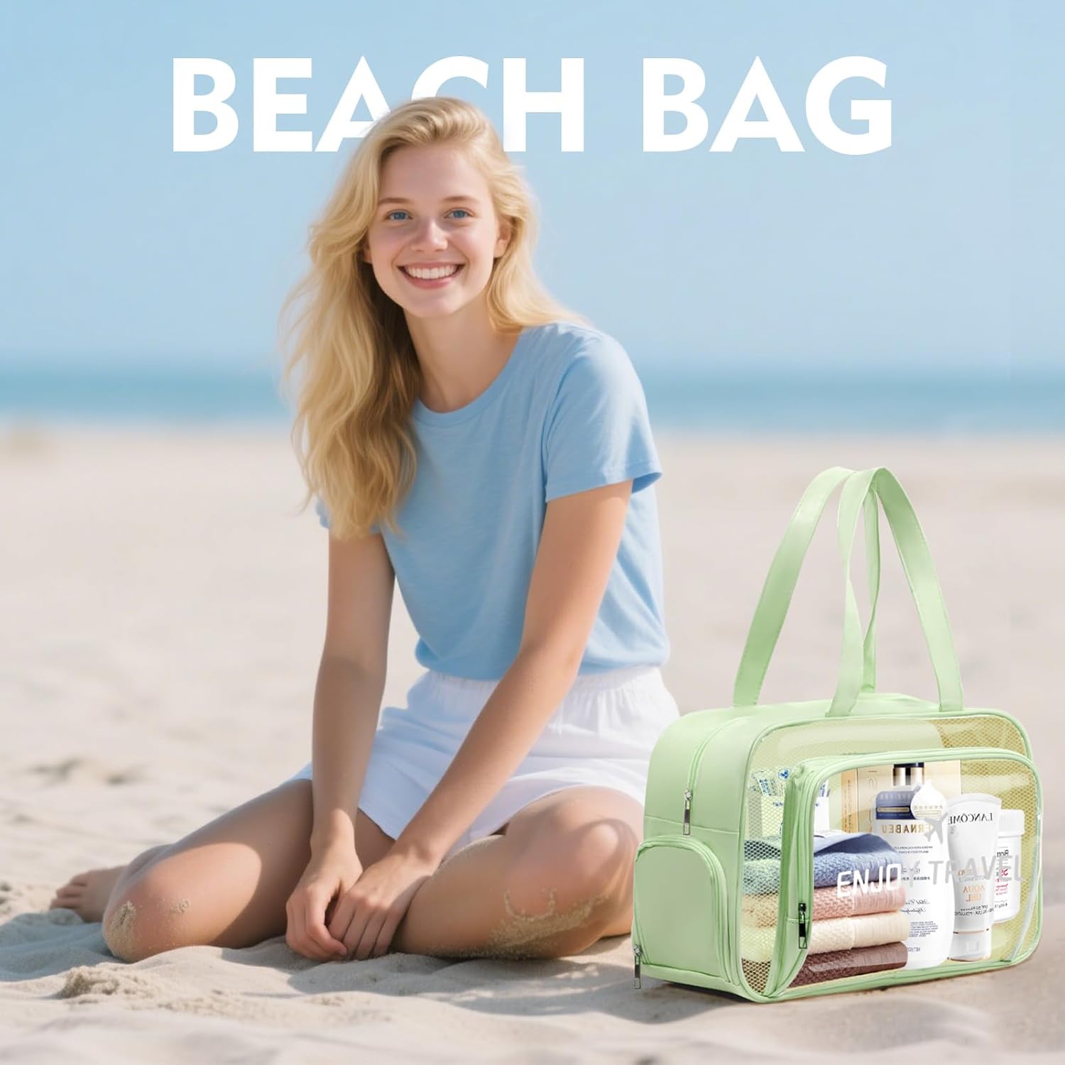 Chenille Letter Patch Clear Travel Bags, Preppy PVC&Nylon Makeup Bag with Handle and Zipper, Waterproof Large Clear Travel Toiletry Bag Storage Bag for Women Girls - Image 6