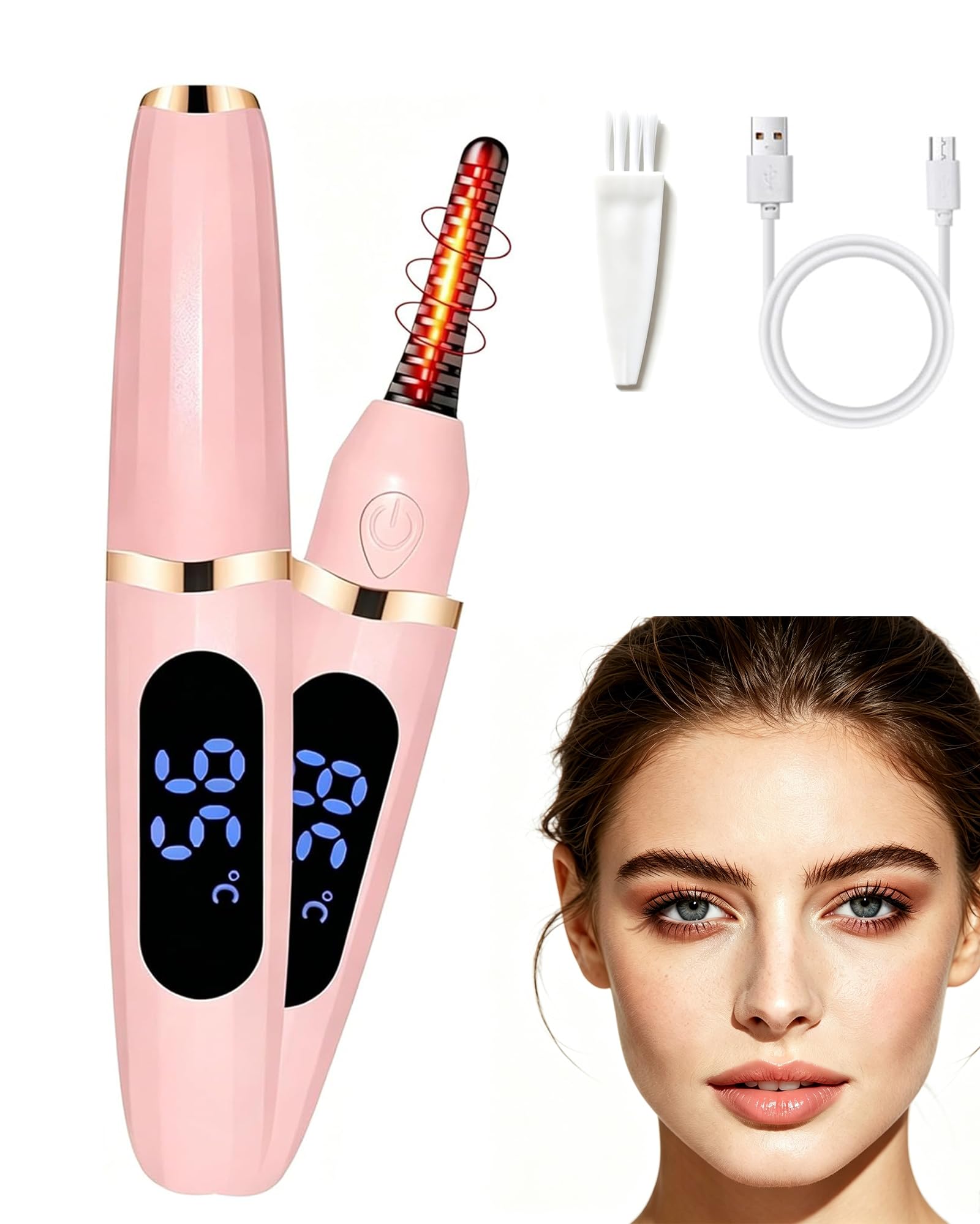 Wimpernzange Beheizbar, Beheizbare Wimpernzange USB Wiederaufladbar, Wimpern Curler Elektrisch 3 Einstellbare Temperaturstufen Schnellaufheizung in 10 Sekunden für Alle Wimpern Geeignet -Rosa