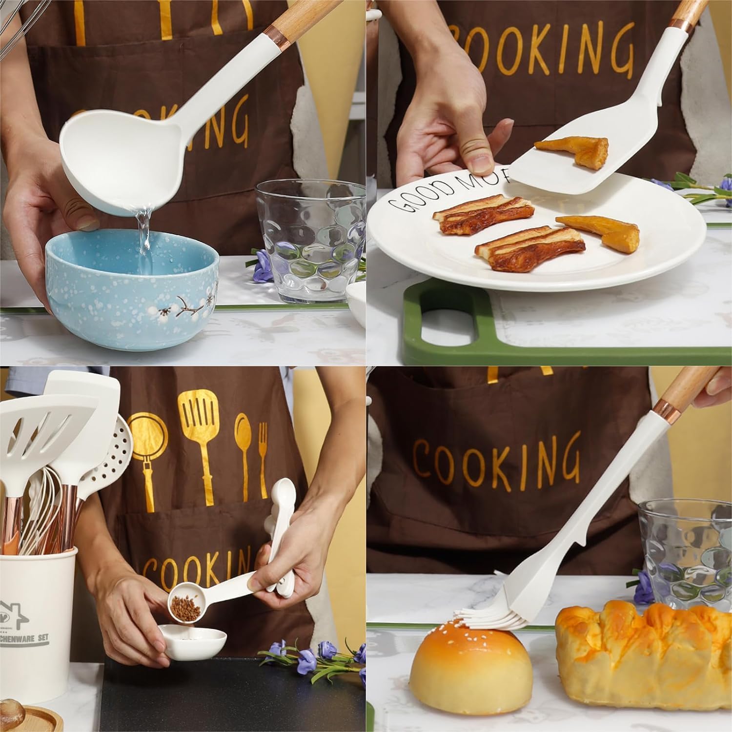 Juego de utensilios de cocina, utensilios de cocina de silicona antiadherente con espátulas y cucharas, utensilios de mango largo con organizador para cocinar, juego de 10 herramientas de cocina