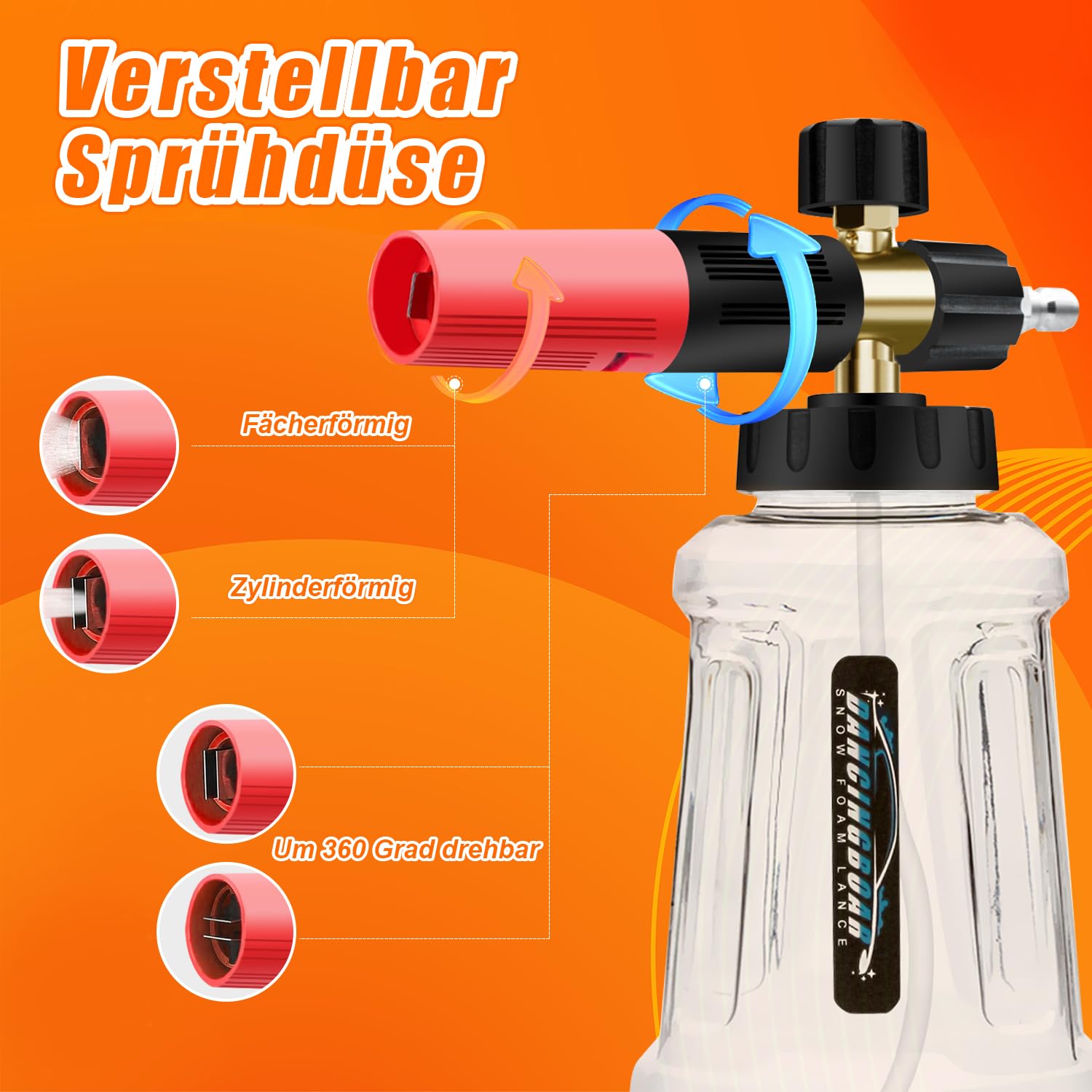 Verbesserte Schaumkanone Schneeschaumlanze, 1L Einstellbare Schaumlanze Schaumdüse mit 1/4 Schnellanschluss für Hochdruckreiniger Schaumpistole Autowäsche (Schwarz & Rot)