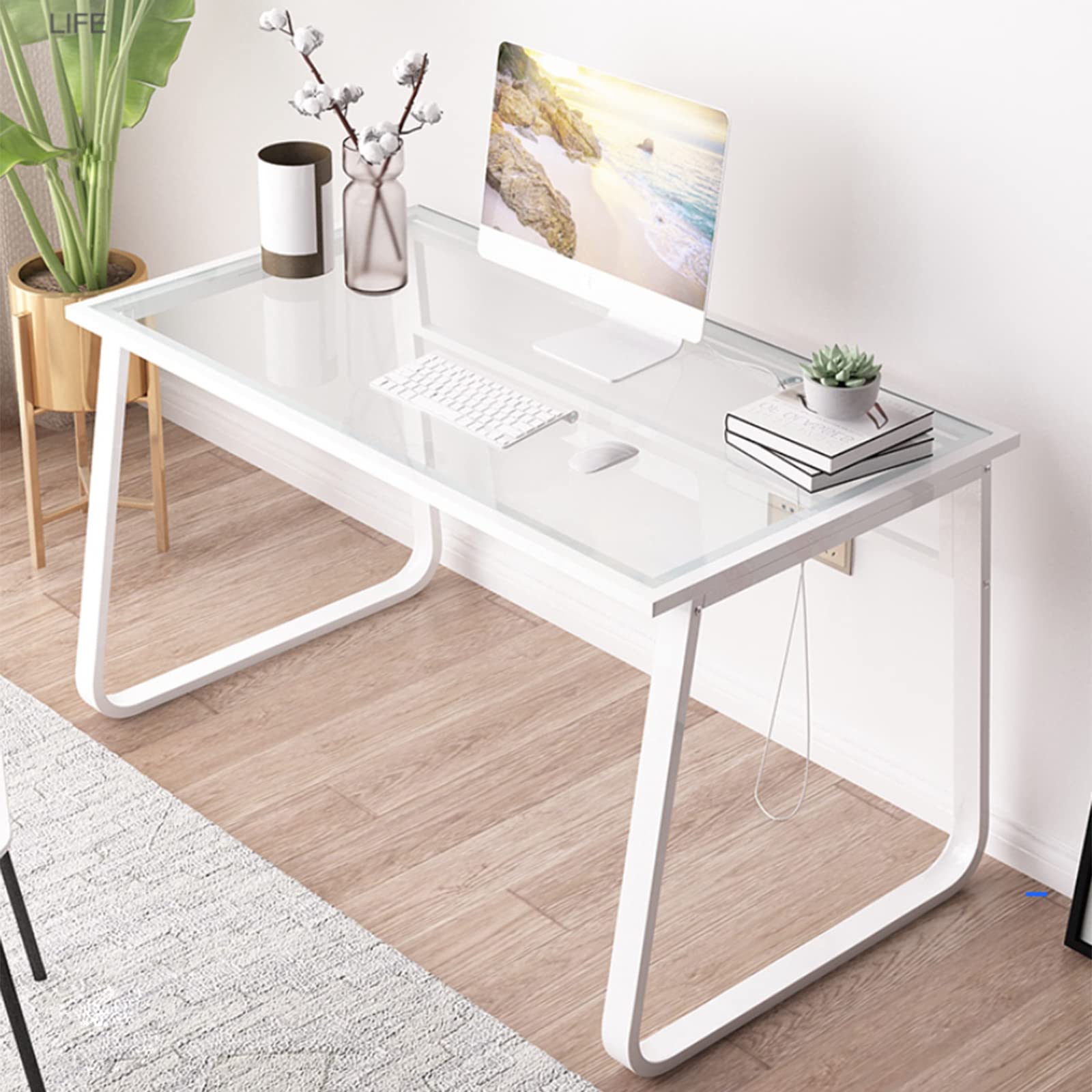 U&G Glass Computer Desk With Metal Frame,Modern Simple Style Writing Study Table Gaming Desk For Home Office Workstation,Easy Assembly-C 100x60x72.5cm(39x24x29inch)