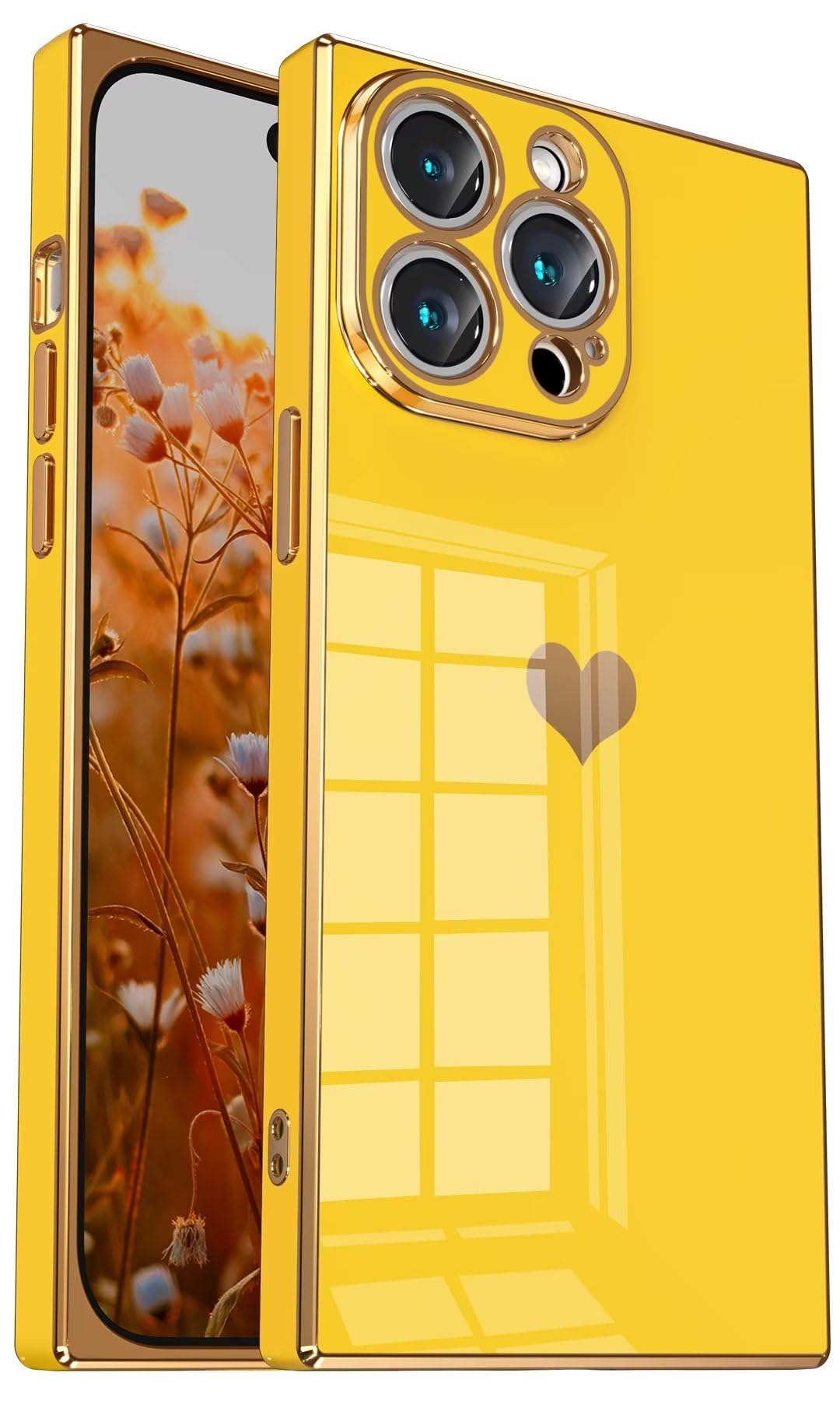 Tzomsze Case for iPhone 15 Pro Max Case,Camera Protection Cute Heart Pattern & Electroplate ReinforcedCorners Shockproof Edge Bumper Case 2023 [6.7 inches]-Yellow
