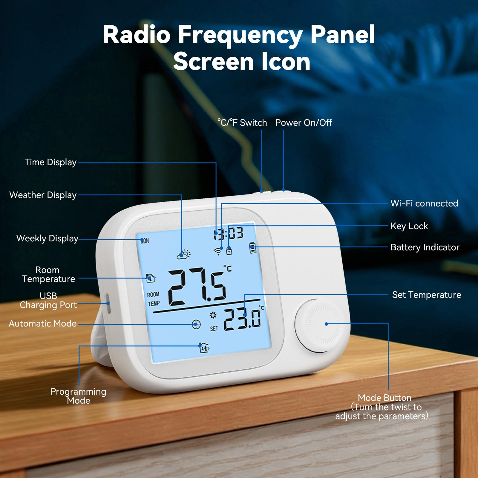 Termostato Wi-Fi per caldaia a gas,Termostato Smart a Batteria compatibile Google e Alexa, Timer Settimanale, Funzione di Memoria, Controllo Tramite Pulsanti, Protezione Antigelo, Blocco Bambini