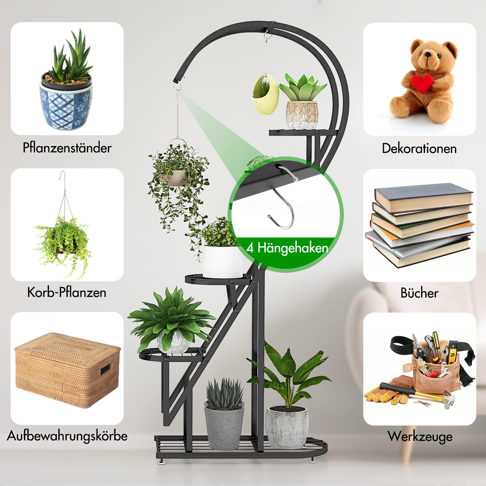 RELAX4LIFE 5-stufiger Pflanzenständer Metall, Blumentreppe Herzförmig, Pflanzenregal mit 4 Haken, Blumenständer Kippschutz, Blumenregal Leiter für Balkon Wohnzimmer Garten (Schwarz)