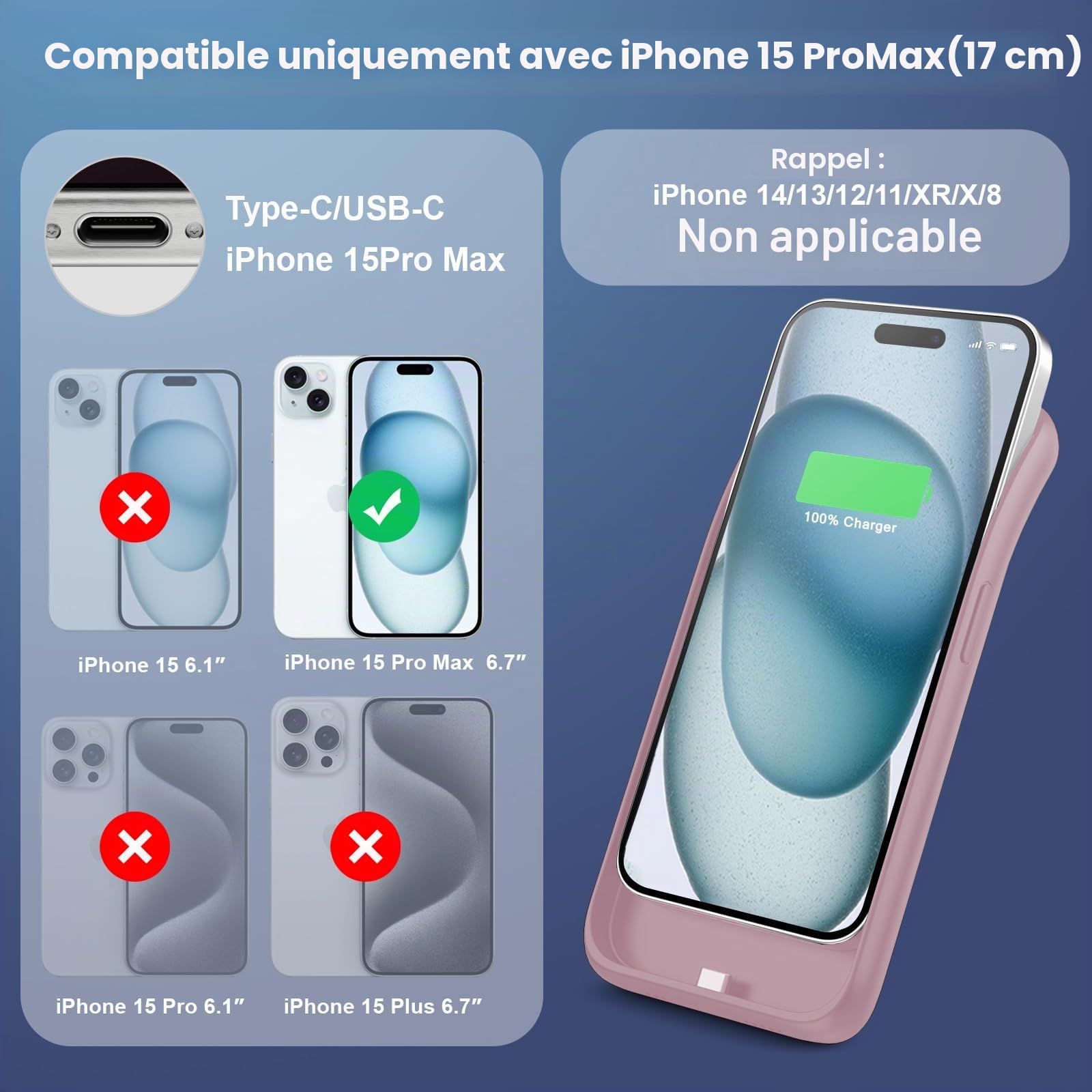 Feob Coque Batterie pour iPhone 15 Pro Max【Charge Rapide 15W & Puissant 8600mAh】 Coque Rechargeable Batterie Externe Chargeur Portable Coques d'alimentation pour iPhone 15 Pro Max (6,7 Pouces) - Rose