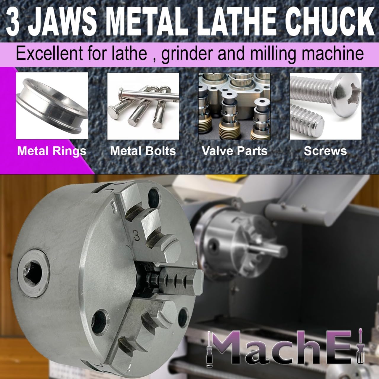 MachEl 3-szczękowy samocentrujący uchwyt tokarski 5" (125 mm) z żeliwną płytą tylną – gwint 1-1/5.1 cm x 8 TPI - kompatybilny z tokarkami Boxford