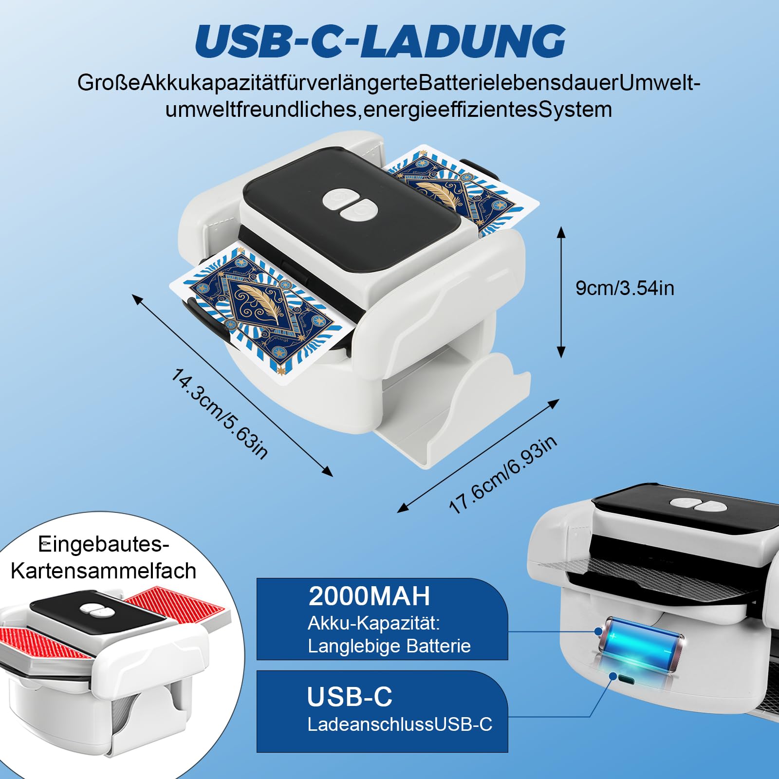 Kartenmischmaschine Elektrische für 1–2 Decks, Geräuscharmer und Wiederaufladbarer 3000mAh, Automatischer Mischmaschine Karten Gleichmäßig & Nicht Eingeklemmt,Card Shuffler für UNO,Romme