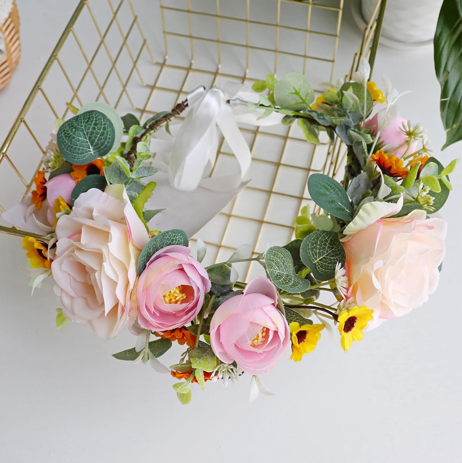 Vivivalue Floral Crown Bridal Flower Headband Hair Wreath Floral Headpiece Halo Boho with Ribbon Wedding Party Festival Photos - Image 5