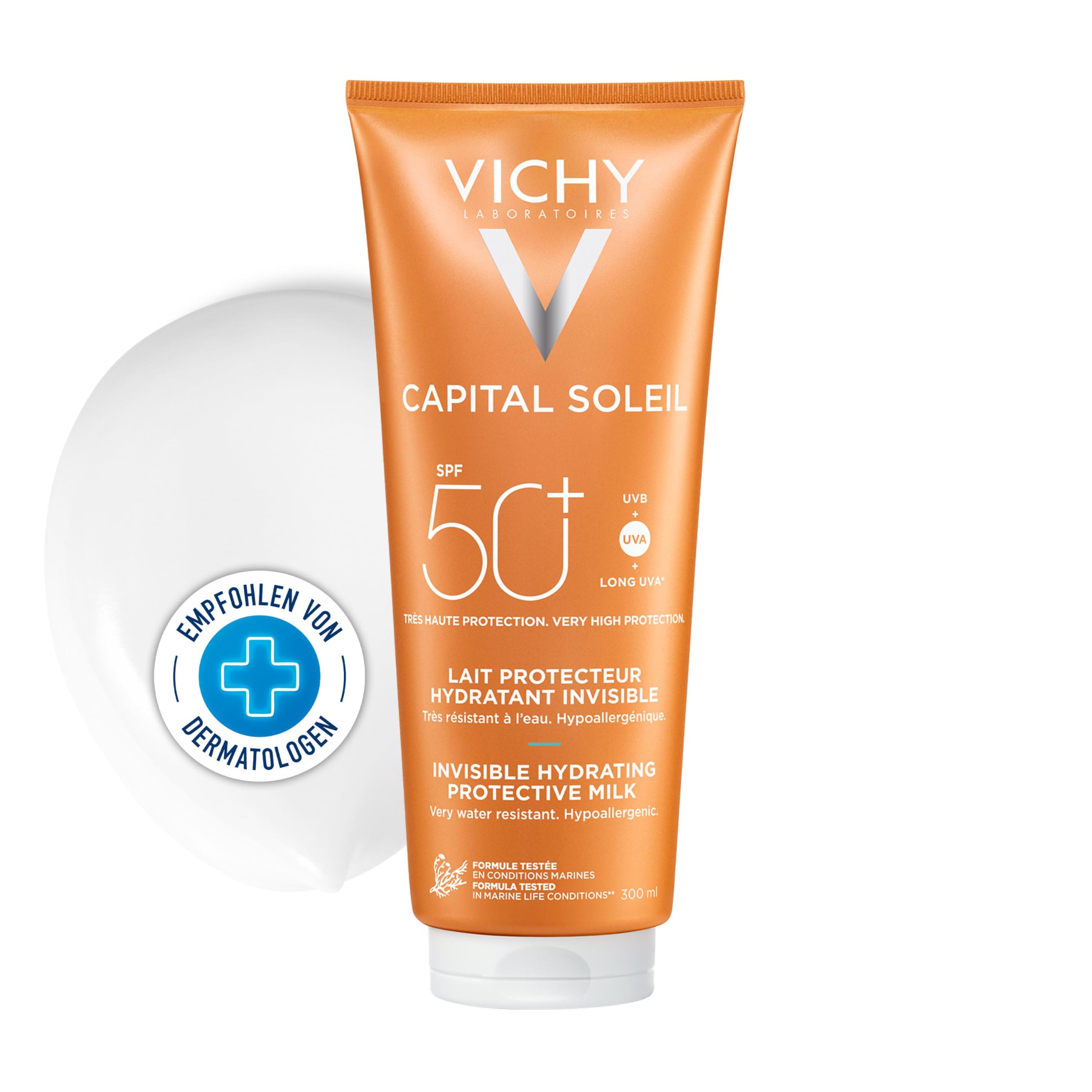 Vichy Capital Soleil Feuchtigkeitsspendende Familien-Milch mit LSF 50+ für Erwachsene und Kinder, Für helle oder empfindliche Haut, Hoher Schutz gegen UV-Strahlen, 300 ml