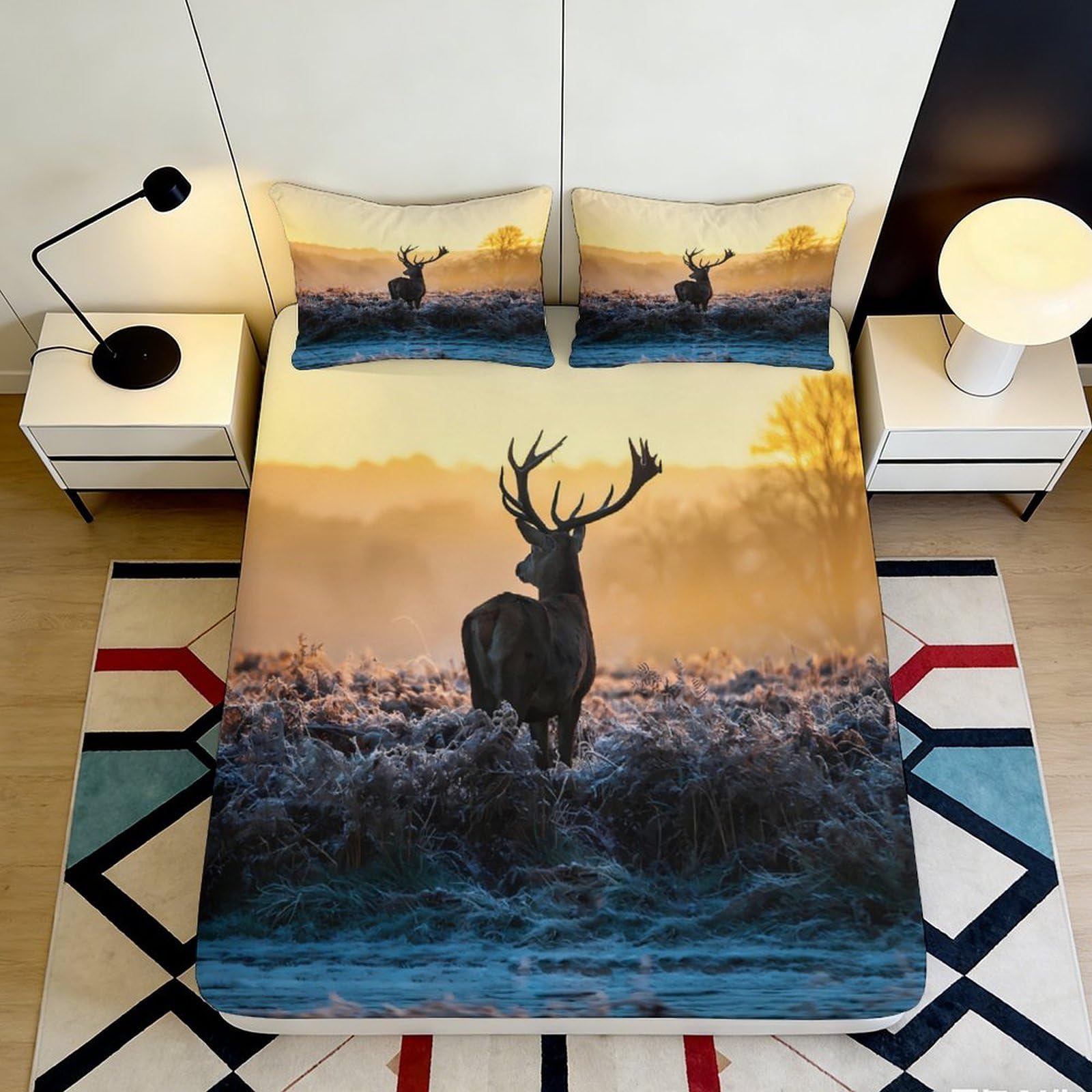 3D Printed Forest Deer Fitted Sheet Microfiber Deep Pocket Non-Slip Stag Mattress Fitted Cover Bedroom Bedding for Adults Teens 200x200x25cm