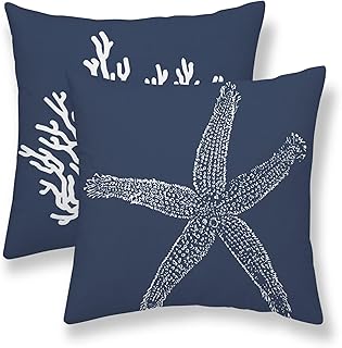Coastal Pillow Covers 24 x 24 Inch Set of 2, Nautical Navy Blue Starfish Coral Throw Pillow Covers Outdoor Farmhouse Beach Pillowcase Linen for Home Couch Sofa Decor