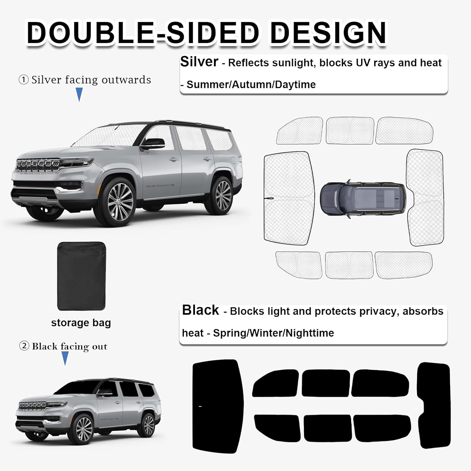 KMF 8pcs Thicken Sun Shades for Jeep Grand Wagoneer 2022-2026 Accessories,Full Car Window Covers for Windshield Side Rear, UV Block and Blackout Protect Privacy for Camping Outdoor