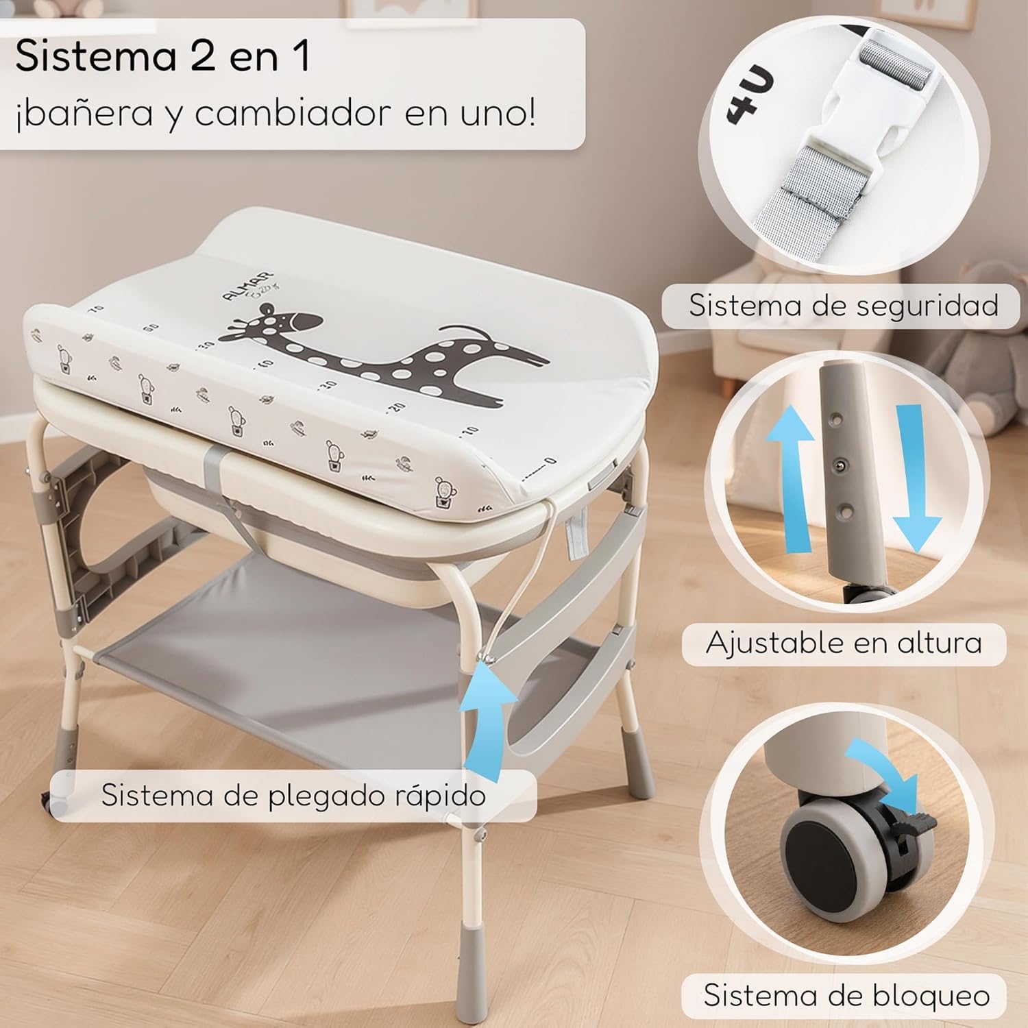 ALMAR Baby Wickelkommode mit Badewanne für Babys, zusammenklappbar, Badewanne mit hohem Thermometer, mit Rollen und Organizer