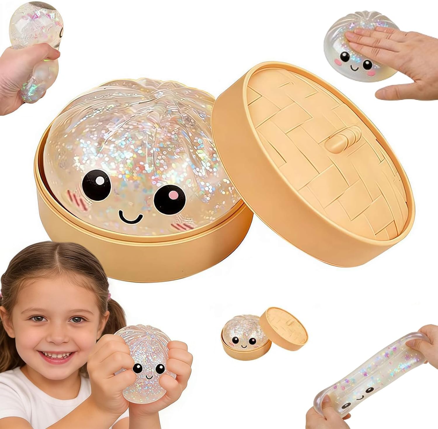 Dumpling Squishies, Glitter Dumpling Squishy Mystery Box, Colorful Dumplings Stress Balls Fidget Sensory Toy with Steamer, Soft Squeeze Decompression Dough for Anxiety Relief Fidget (White)