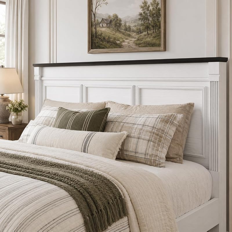 Farmhouse King Size Bed Frame 51" Headboard Storage Drawers Roman Footboard | koorlian Platform Bed Large Wooden Drawers,Roman Column Decoration Footboard 20" Traditional Country Bed,No Box Spring Needed image 3