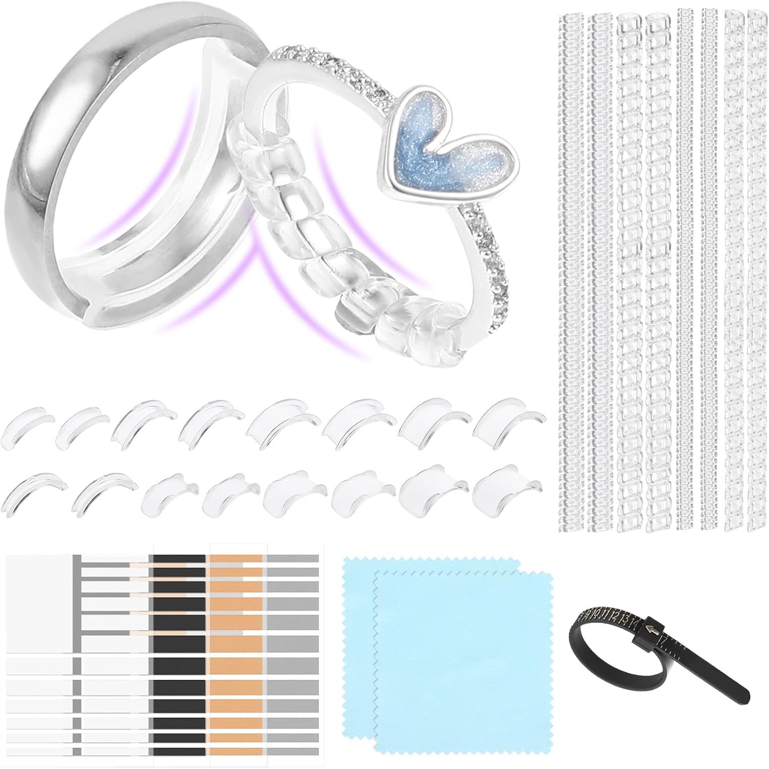 Ring Size Adjuster, Ring Sizers for Loose Rings for All Kinds of Loose Rings, 31-Piece Set, Includes 8 Spirals, 16 Padded Ring Guards, 1 Ruler, 4 Pads and 2 Wipe