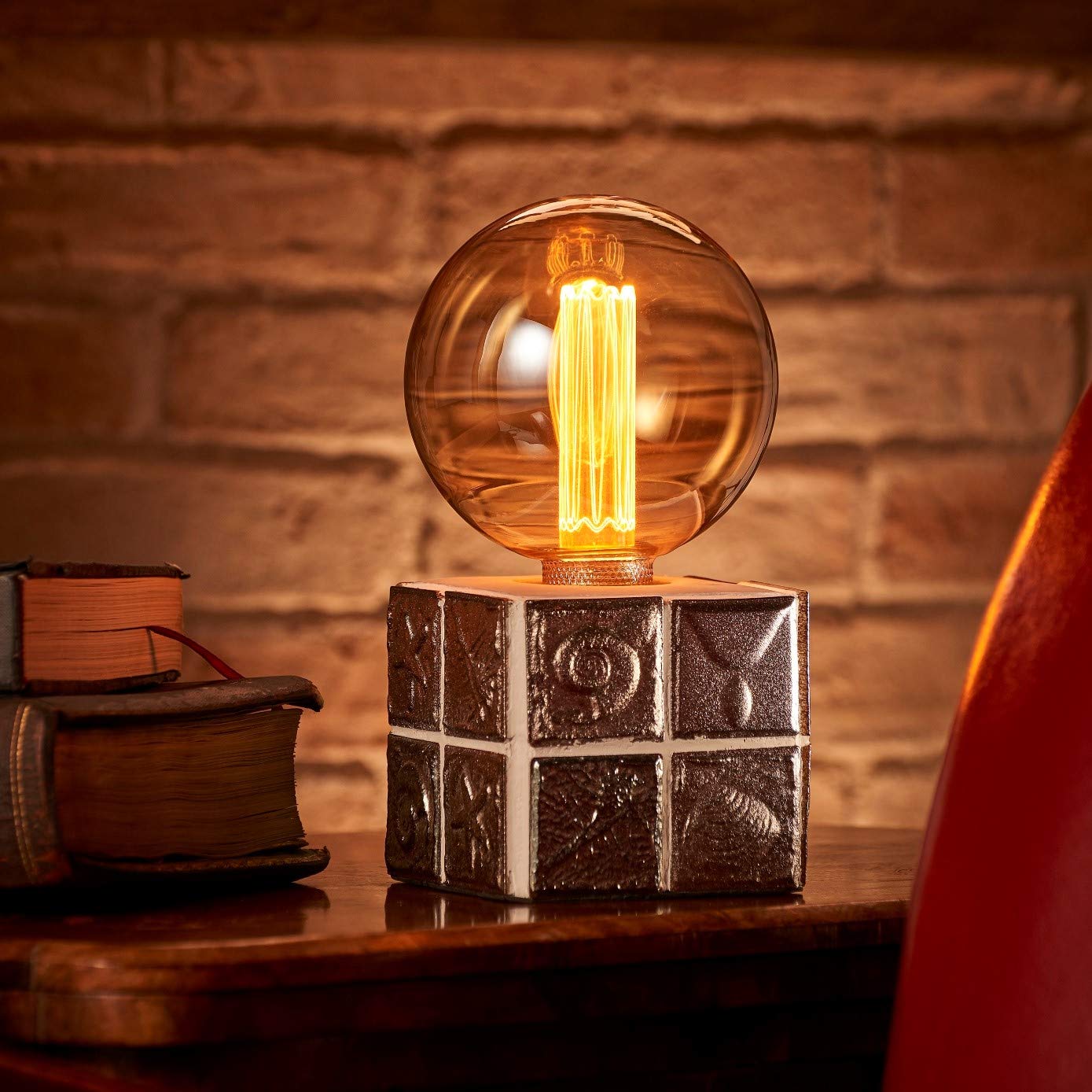 Auraglow Mysa Modern Contemporary Fossil and Sea Shell Effect Stone Cement Cube Bedside Desk Table Lamp/Light - with G125 LED Bulb
