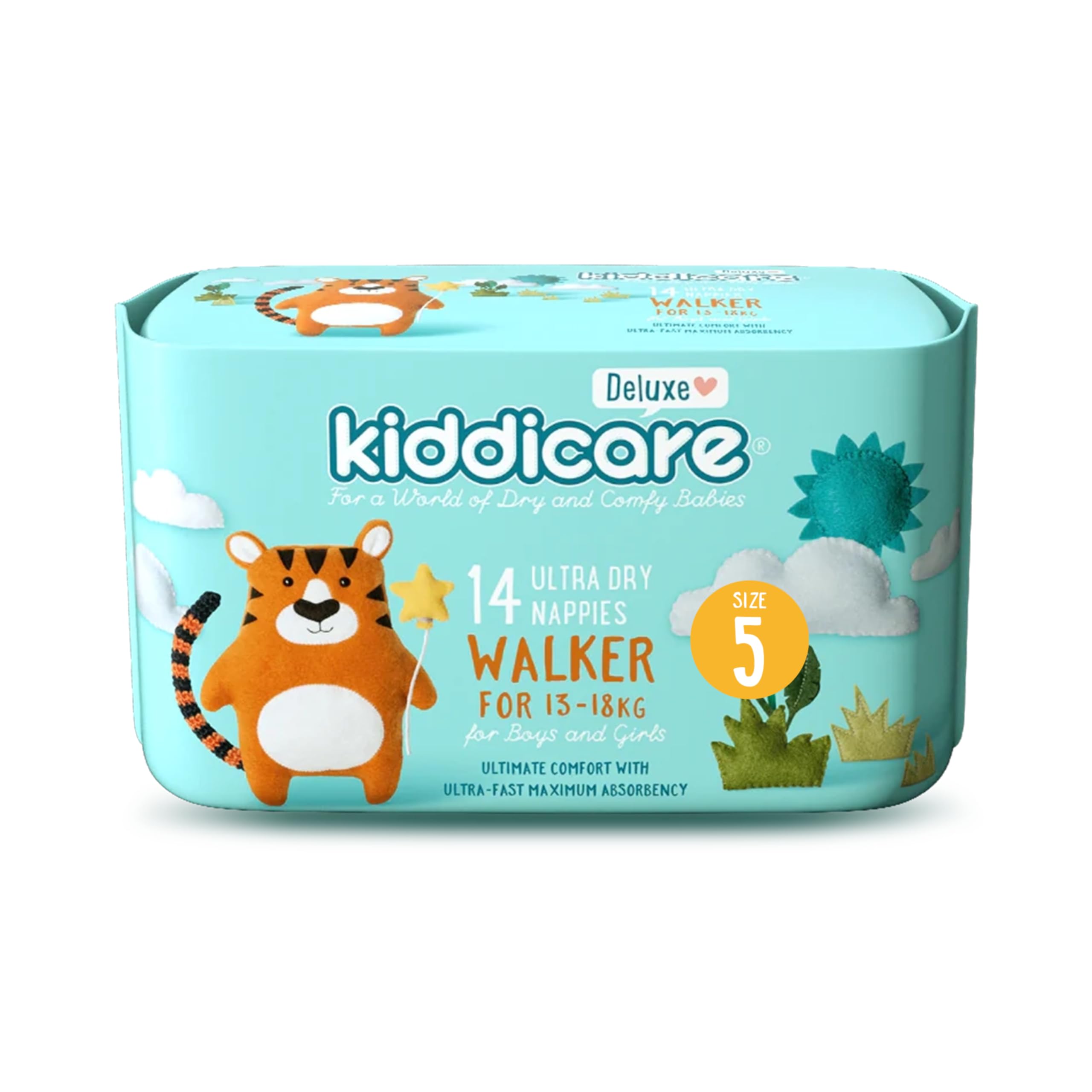 KiddicareBaby Deluxe Walker Diaper Nappy, Size 5, 14 Count, Leakage Protection, 13-18 kg, Anti Rash, 12 Hours Absorption, Cottony Soft Ultra Fast High Absorb Technology (Pack of 1)