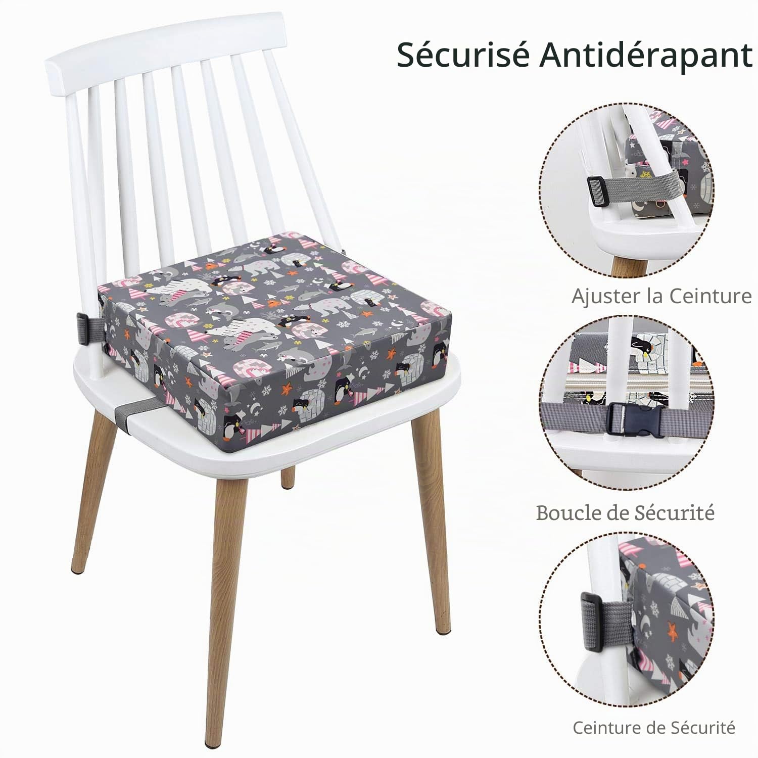 Rehausseur Chaise Enfant Coussin, en Toile de Coton Lavable avec 2 Sangles, Boucle de Sécurité, Motif de Dessin Animé Pour Enfant (Gris Bears) 111