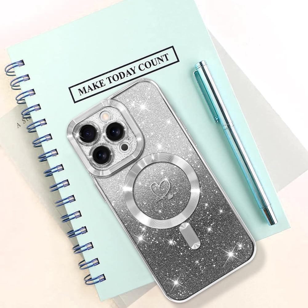 Custodia Magnetic Donna Per IPhone 14 Pro Max 6.7 Pollici – Heart Glitter Argento, Con Protezione Fotocamera E Ricarica Wireless