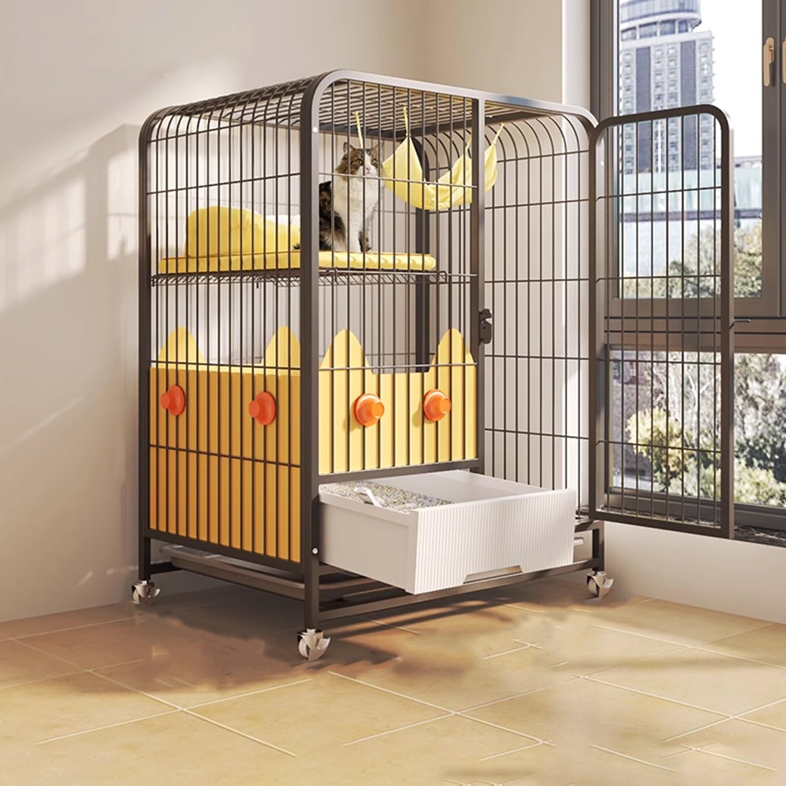 Caseta para Gatos de Interior Estable con Caja de Arena, portátil, fácil de Mover y con Puerta con Cerradura. Recinto para Gatos con protección antisalpicaduras, fácil de Limpiar (Negro, 78