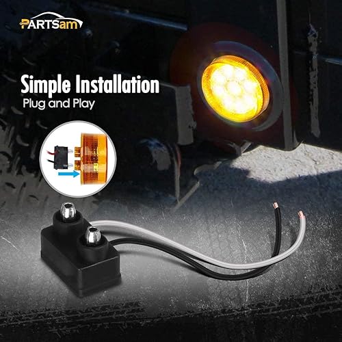 Miniatura 6 de Partsam Kit de 10 luces LED de 2 pulgadas redondas ámbar para marcador lateral y 9 diodos con ojales de luz y alambre de coleta, camión, remolque,